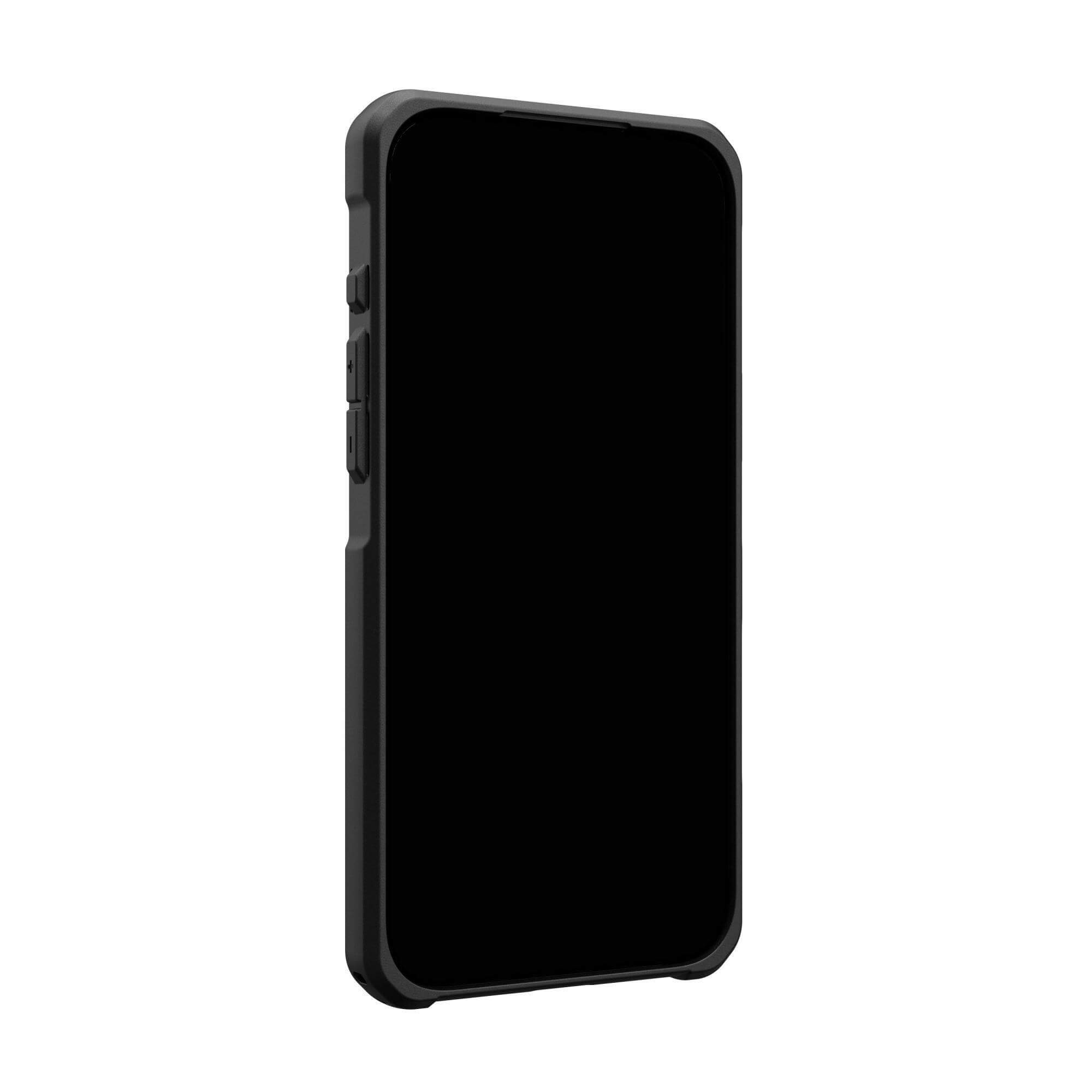 Czarny smartfon w czarnym etui. Przyciski widoczne z boku. Białe tło.