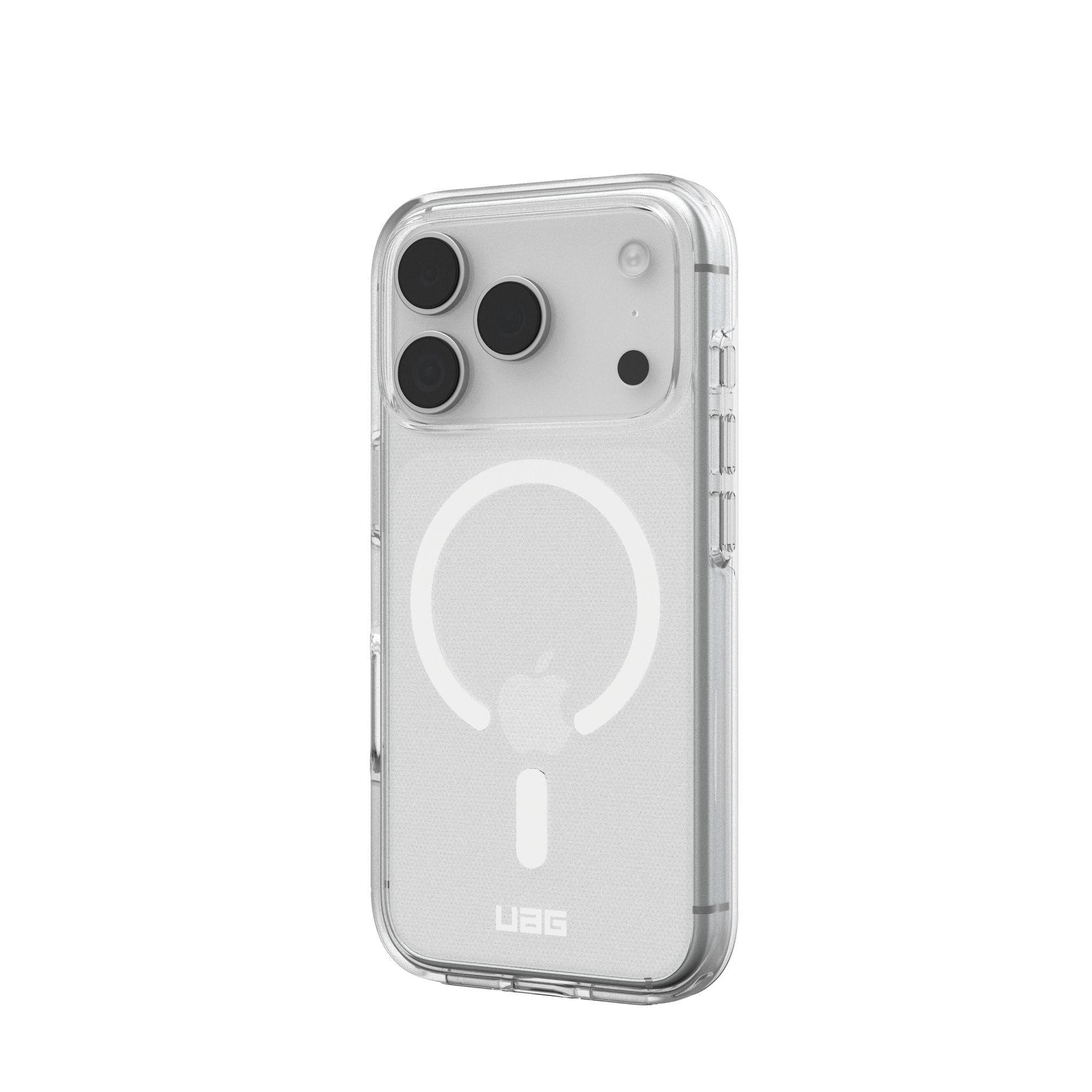 Transparente Handyhülle mit Magnetkreis und Apple-Logo. Die Hülle hat drei Kameralinsen und ein UAG-Logo.