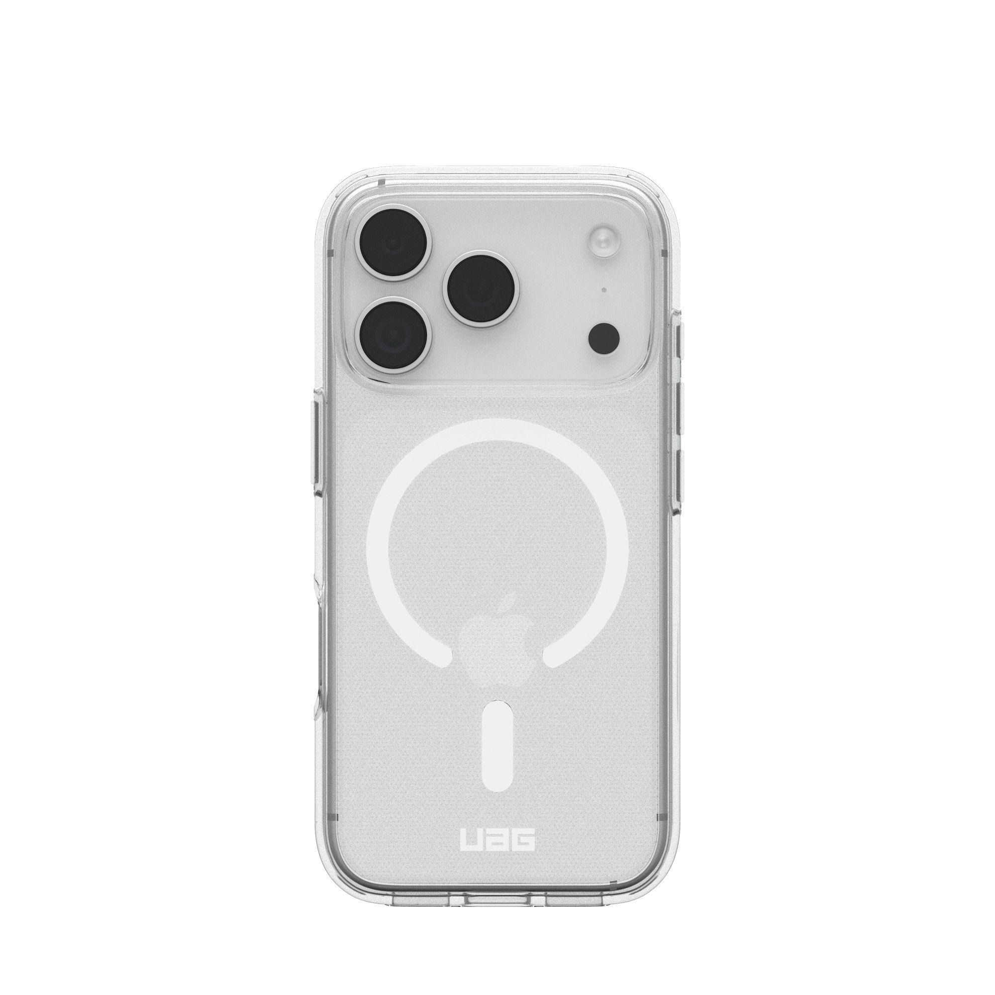 Transparente Handyhülle mit Kameraausschnitten und weißer Apple-Logo-Umrandung. Die Hülle ist von UAG.