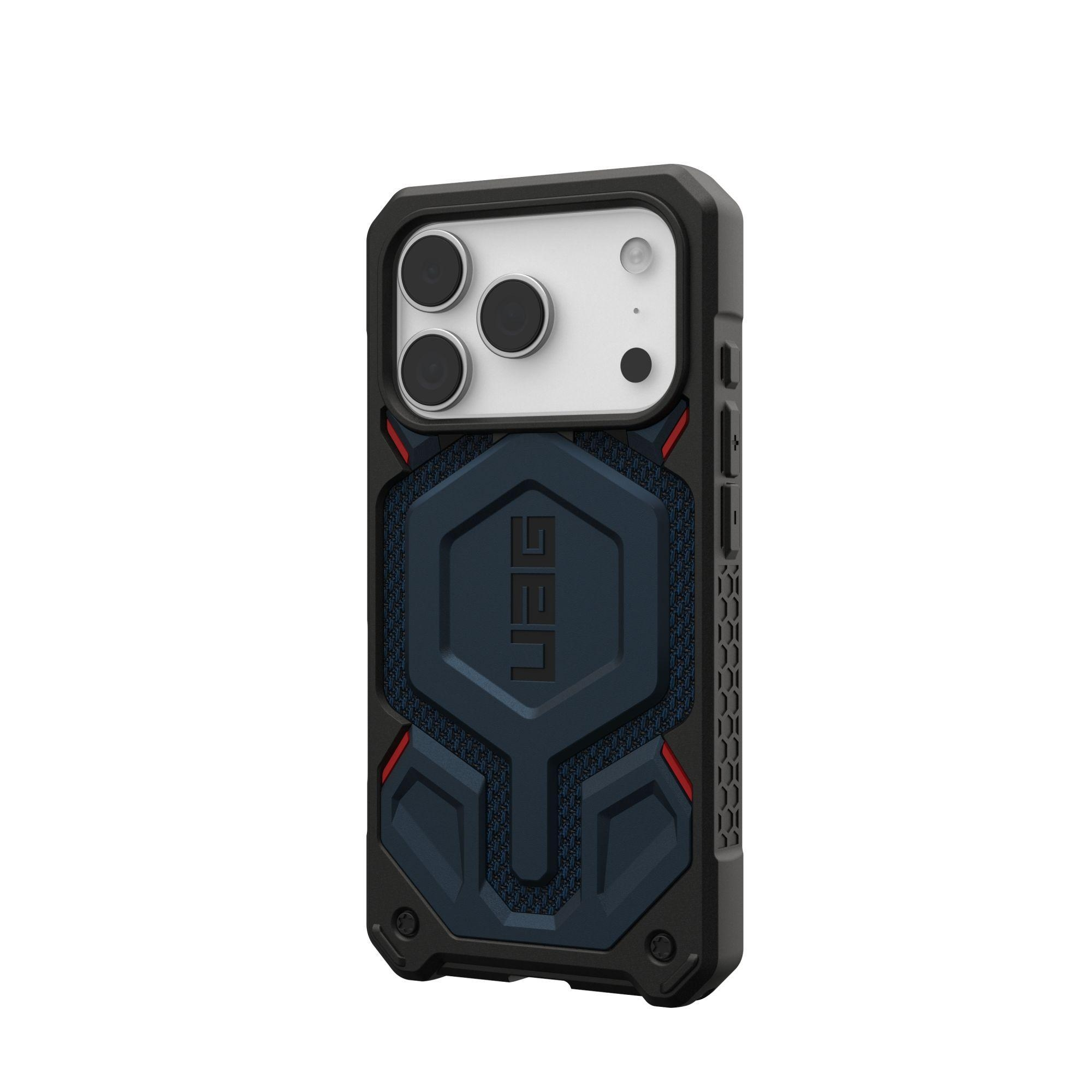 Una funda de teléfono negra y azul con un recorte para la cámara. Tiene un diseño robusto y el logotipo UAG.