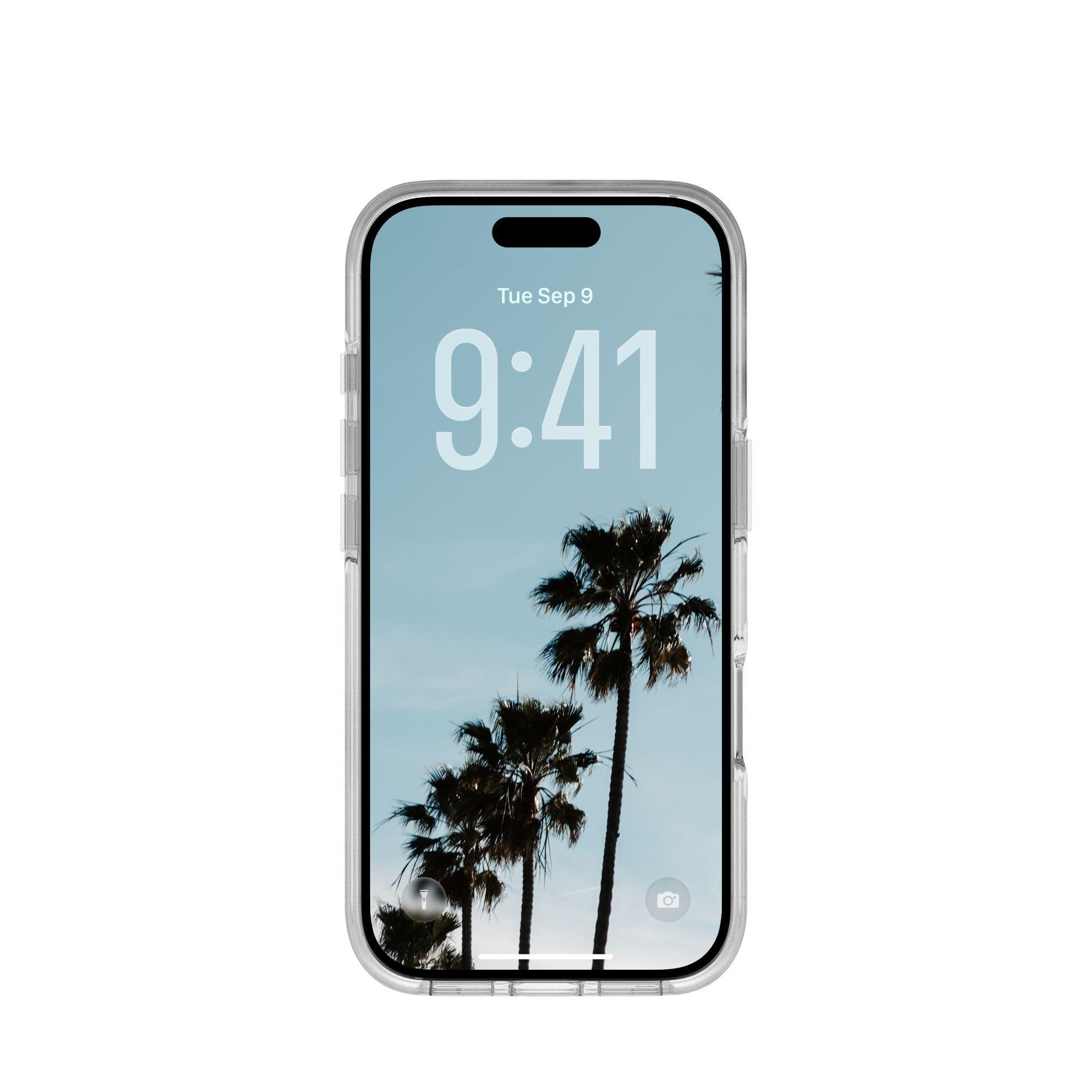 iPhone mit Palmen-Szene. Uhrzeit: 9:41 Uhr, Dienstag, 9. September. Das Telefon hat eine transparente Hülle.