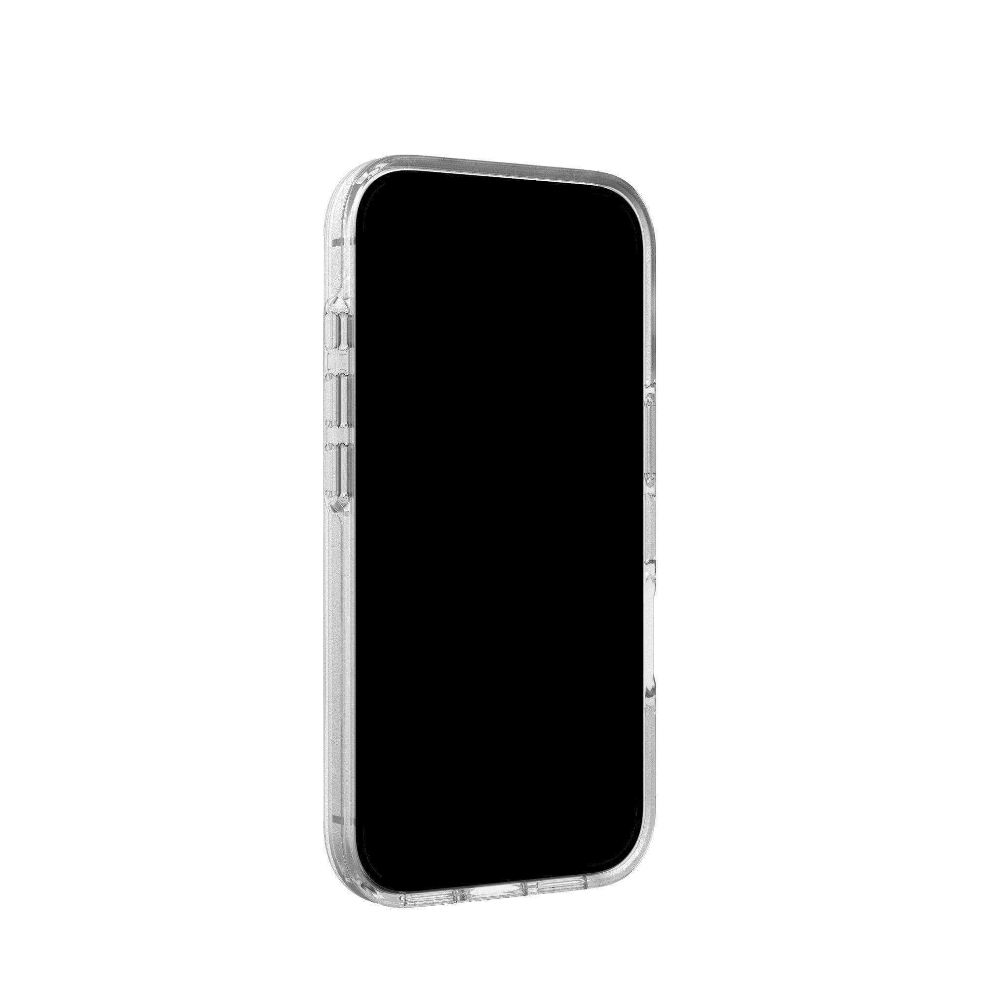 Eine transparente Handyhülle mit schwarzem Bildschirm vor weißem Hintergrund.