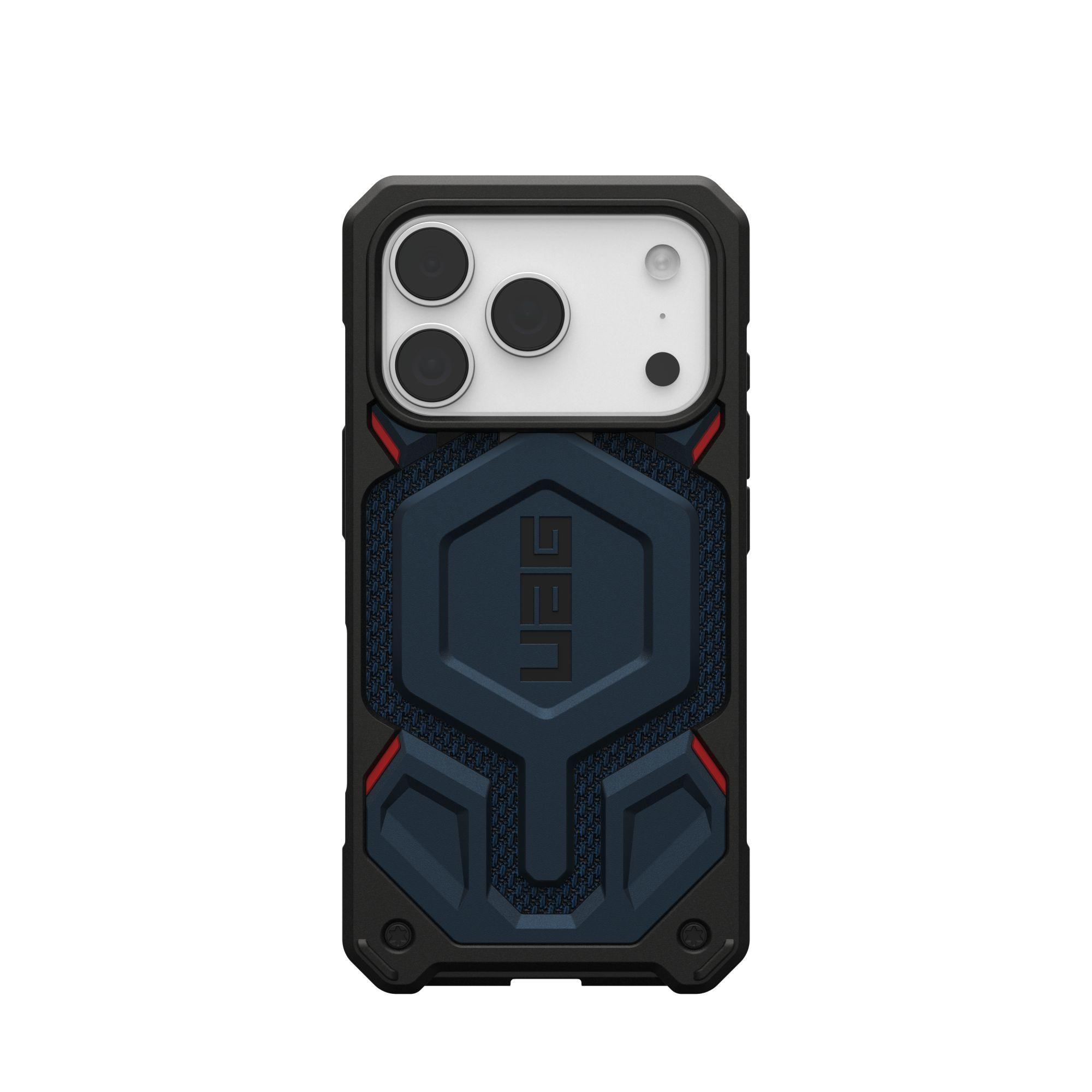 Una funda de teléfono negra y azul con el logotipo de UAG. La funda tiene un diseño robusto con recortes para la cámara.