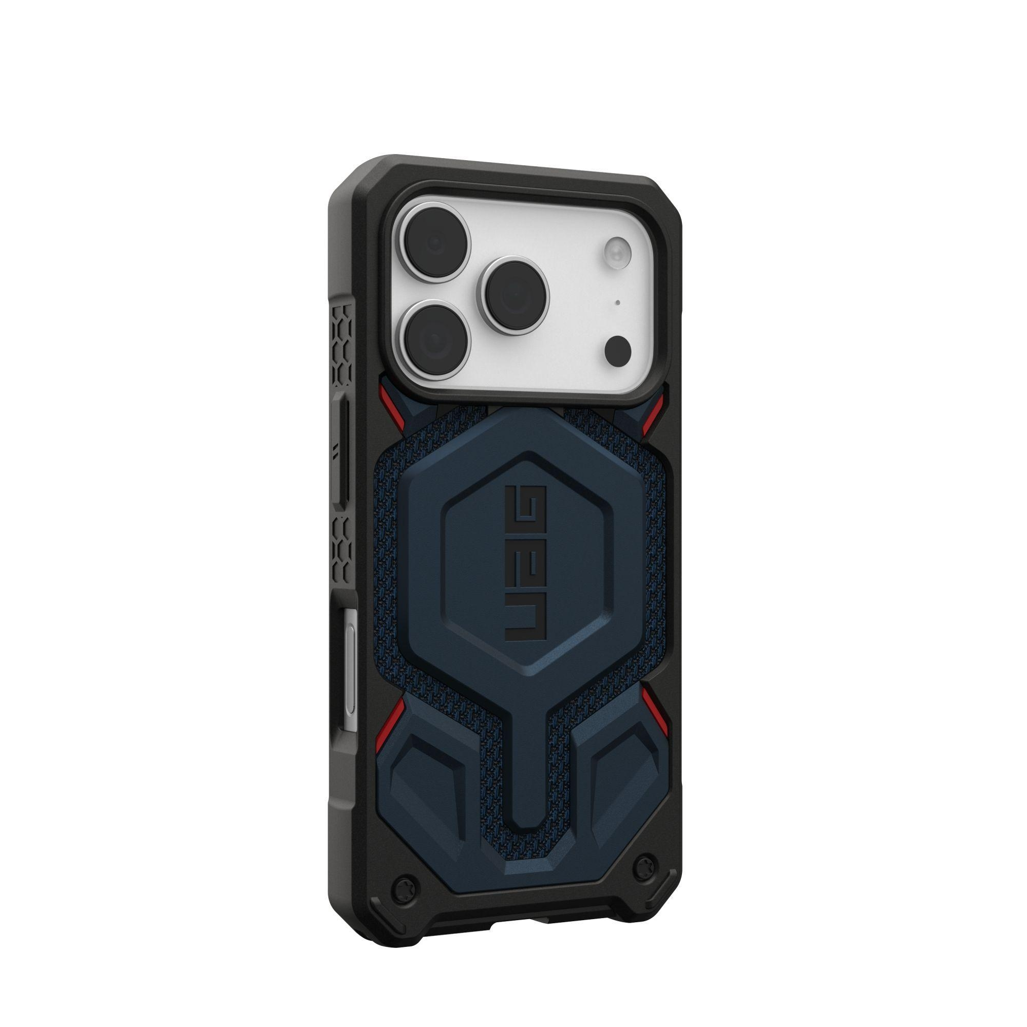 Una funda para teléfono con diseño negro y azul. Tiene un recorte para la cámara y el logotipo de UAG es visible.