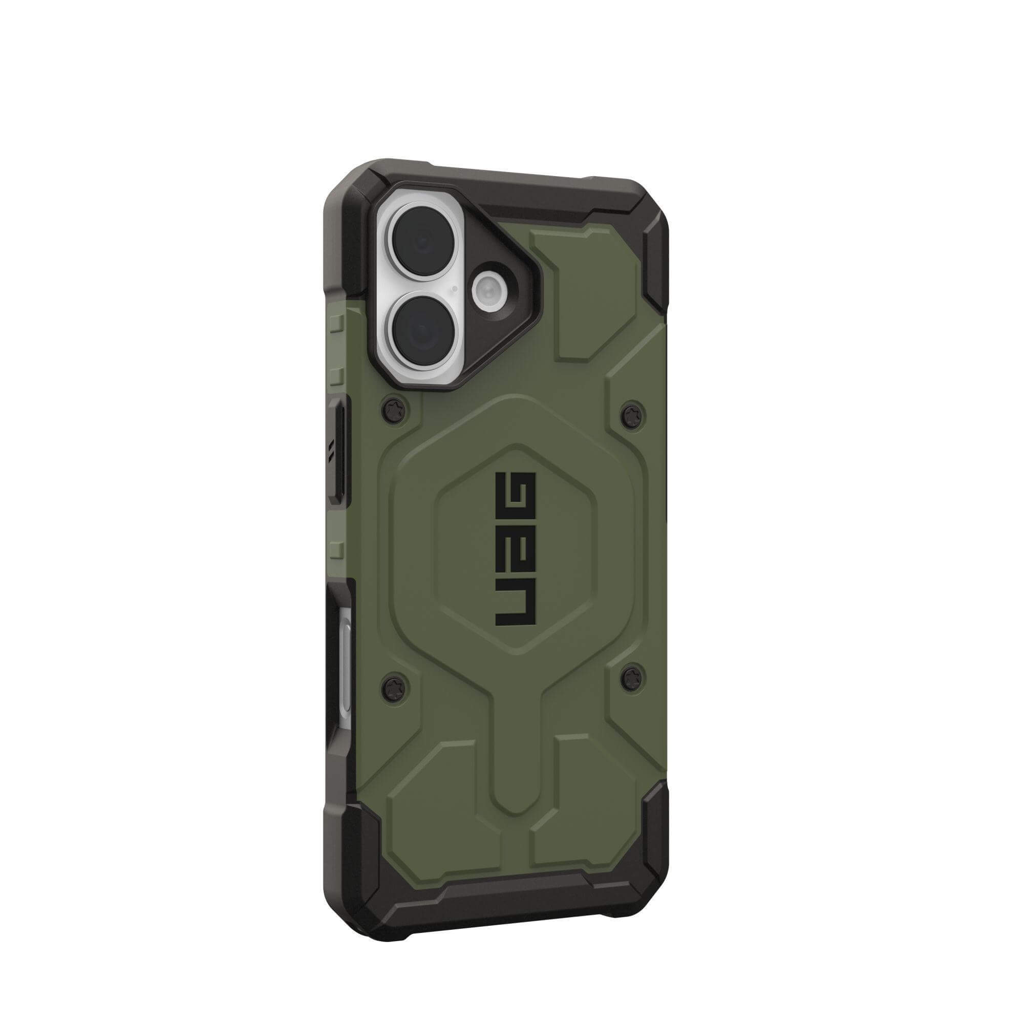 Eine grün-schwarze Handyhülle mit UAG-Logo, mit Kameraausschnitten, isoliert auf weißem Hintergrund.