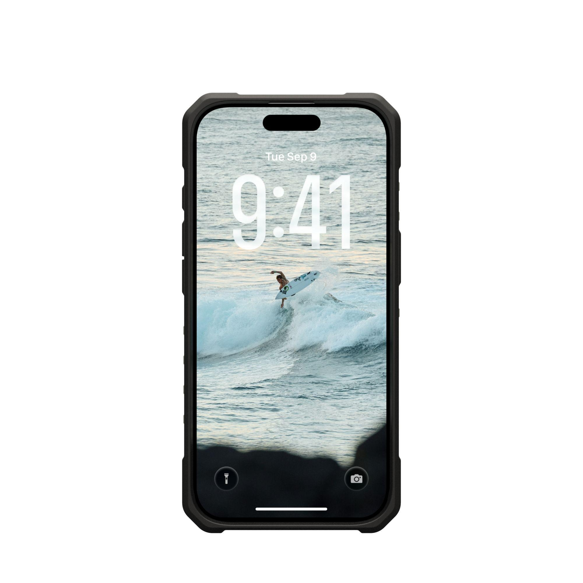 Smartphone zeigt eine Surf-Szene. Ein Surfer reitet eine Welle. Der Bildschirm zeigt Uhrzeit und Datum.