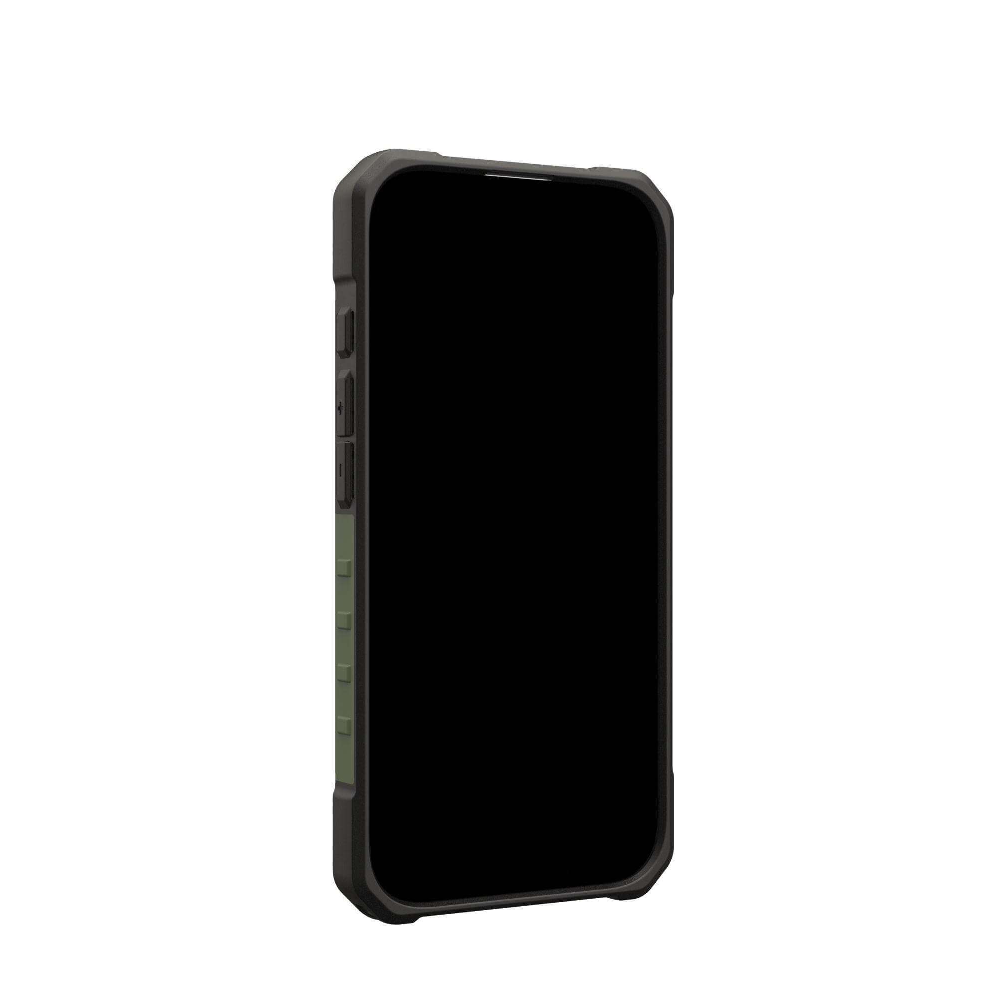 Ein Smartphone in einer dunkelgrauen Hülle mit schwarzem Bildschirm, vor weißem Hintergrund.