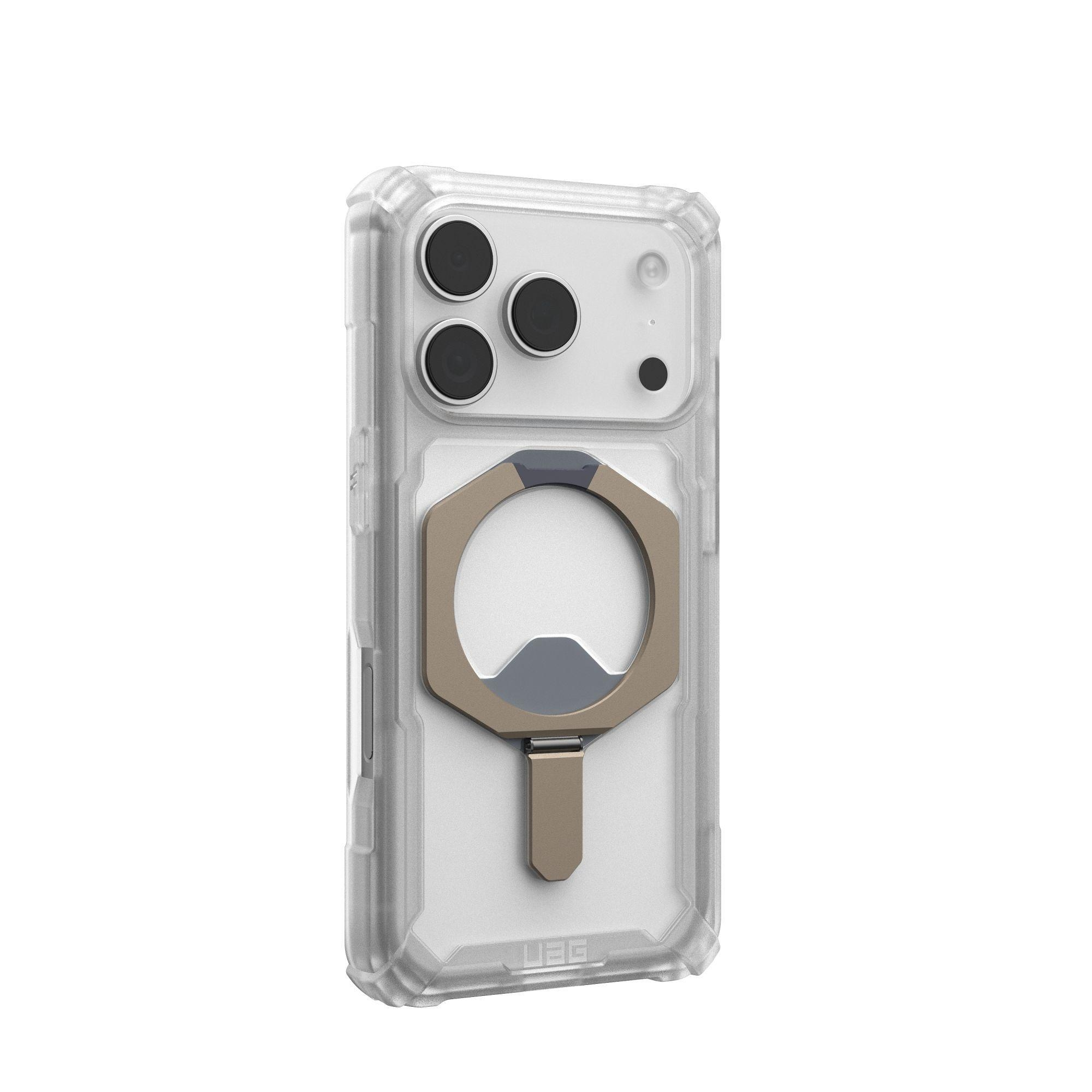 Custodia trasparente con anello marrone e modulo fotocamera nero.