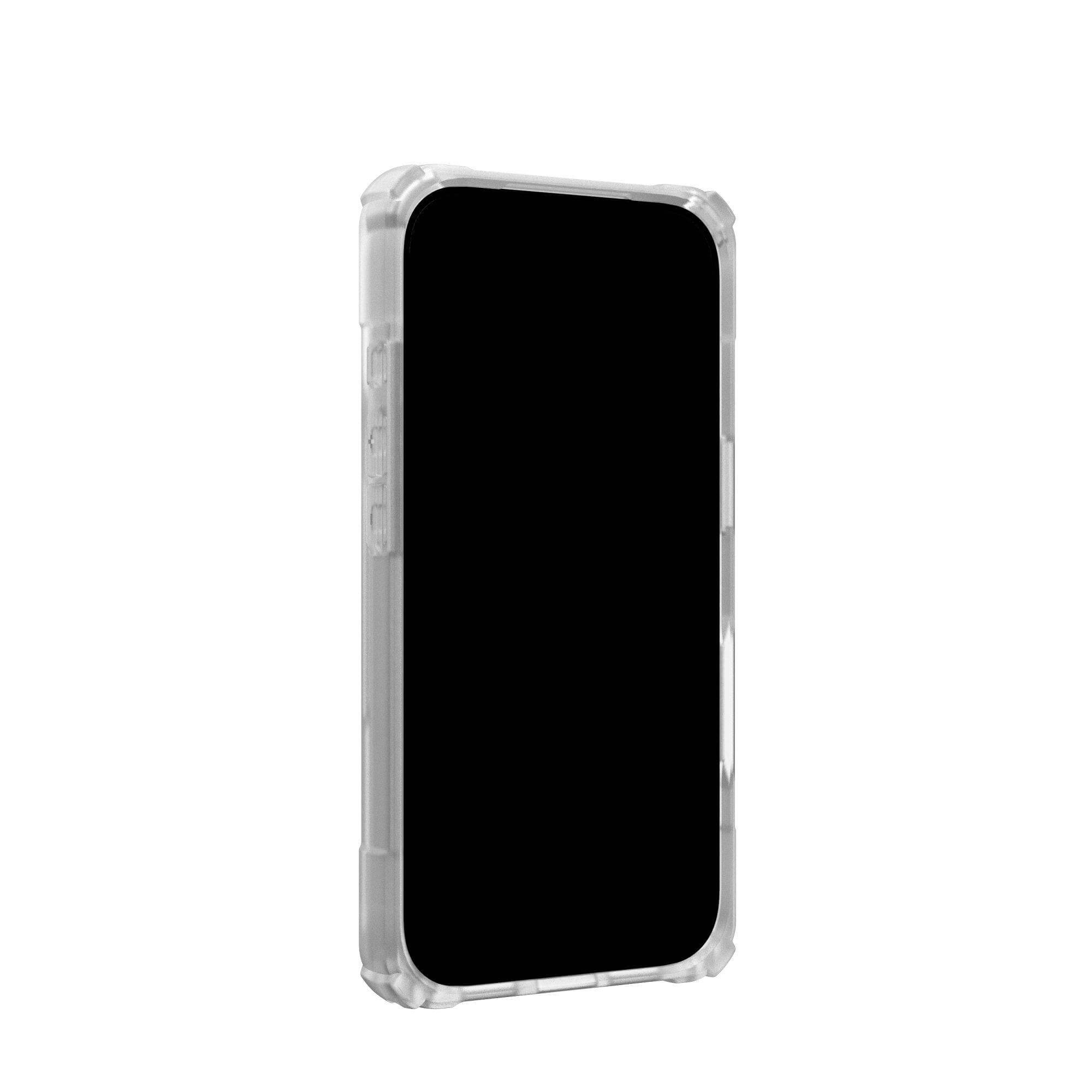 Una custodia trasparente per telefono con schermo nero è centrata su sfondo bianco. Il case ha un design robusto.