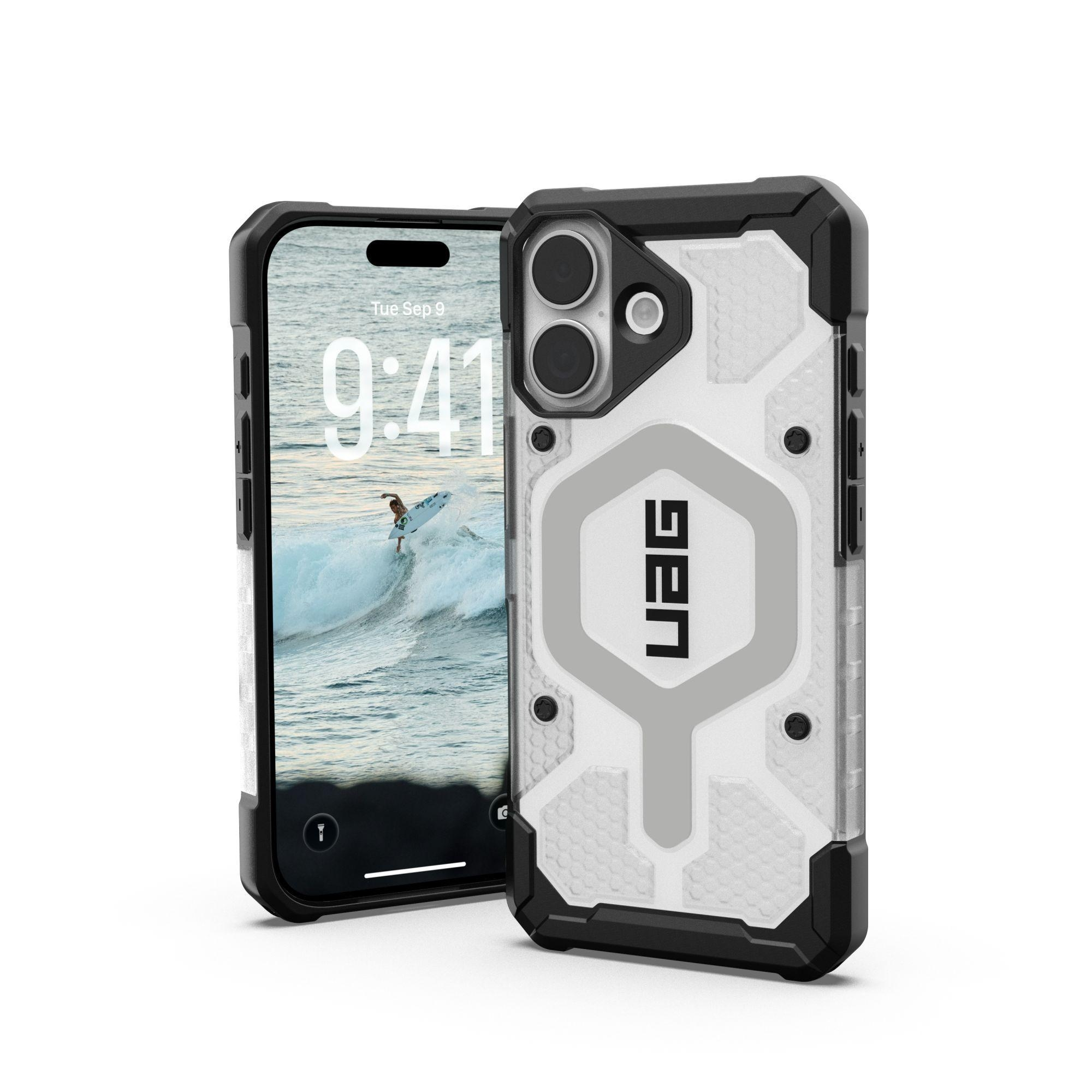 Zwei iPhones, eines zeigt einen Surfer. Beide Telefone haben Schutzhüllen. Eine Hülle hat das UAG-Logo.