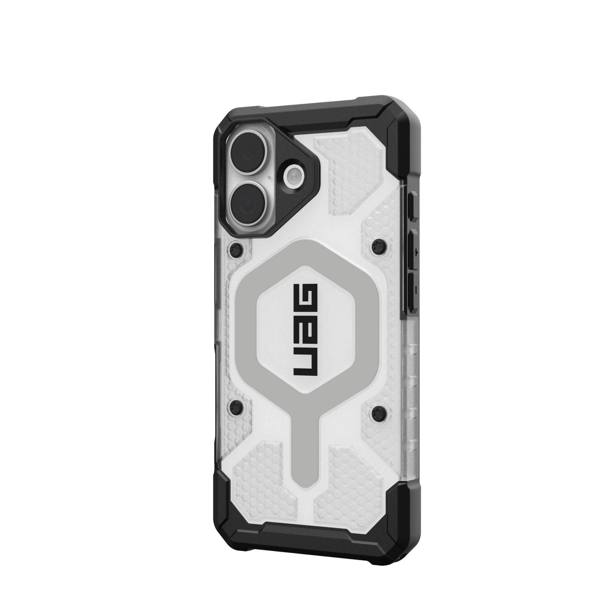 Eine weiß-schwarze Handyhülle mit dem UAG-Logo. Die Hülle hat ein robustes Design mit Kameraausschnitt.