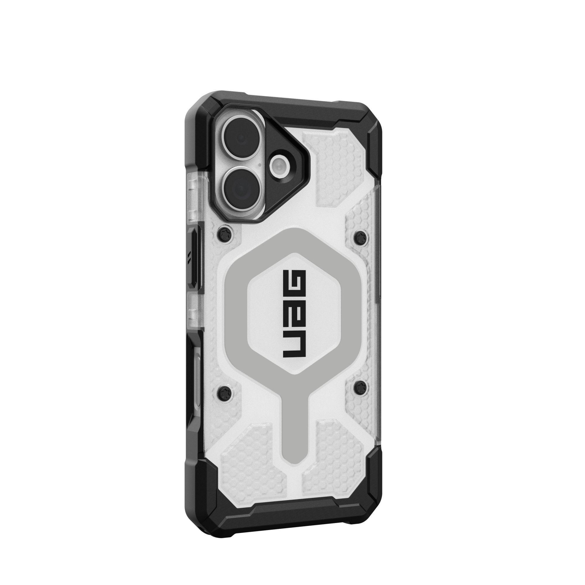 Eine weiß-schwarze Handyhülle mit dem UAG-Logo und einem Kameraausschnitt.