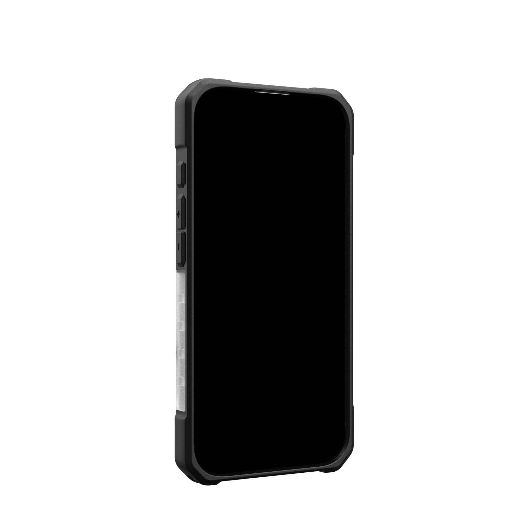Ein Smartphone in einer schwarzen Hülle. Der Bildschirm ist schwarz. Die Hülle hat ein schwarz-silbernes Design.