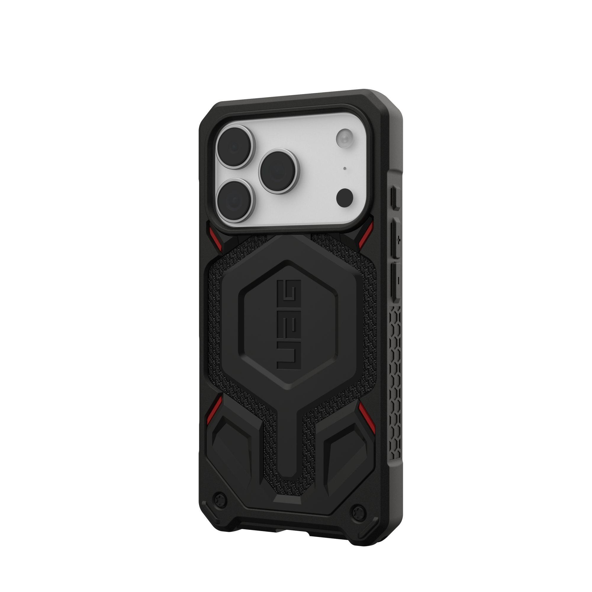 Funda de teléfono negra con detalles rojos. Tiene un logotipo de UAG. Se ven tres cámaras sobre fondo blanco.