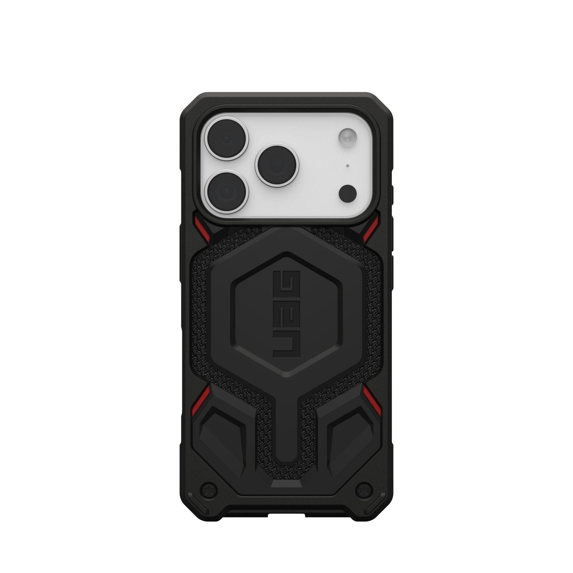 Funda negra para teléfono con detalles rojos, logotipo UAG y recortes para cámara. Diseño texturizado y robusto.