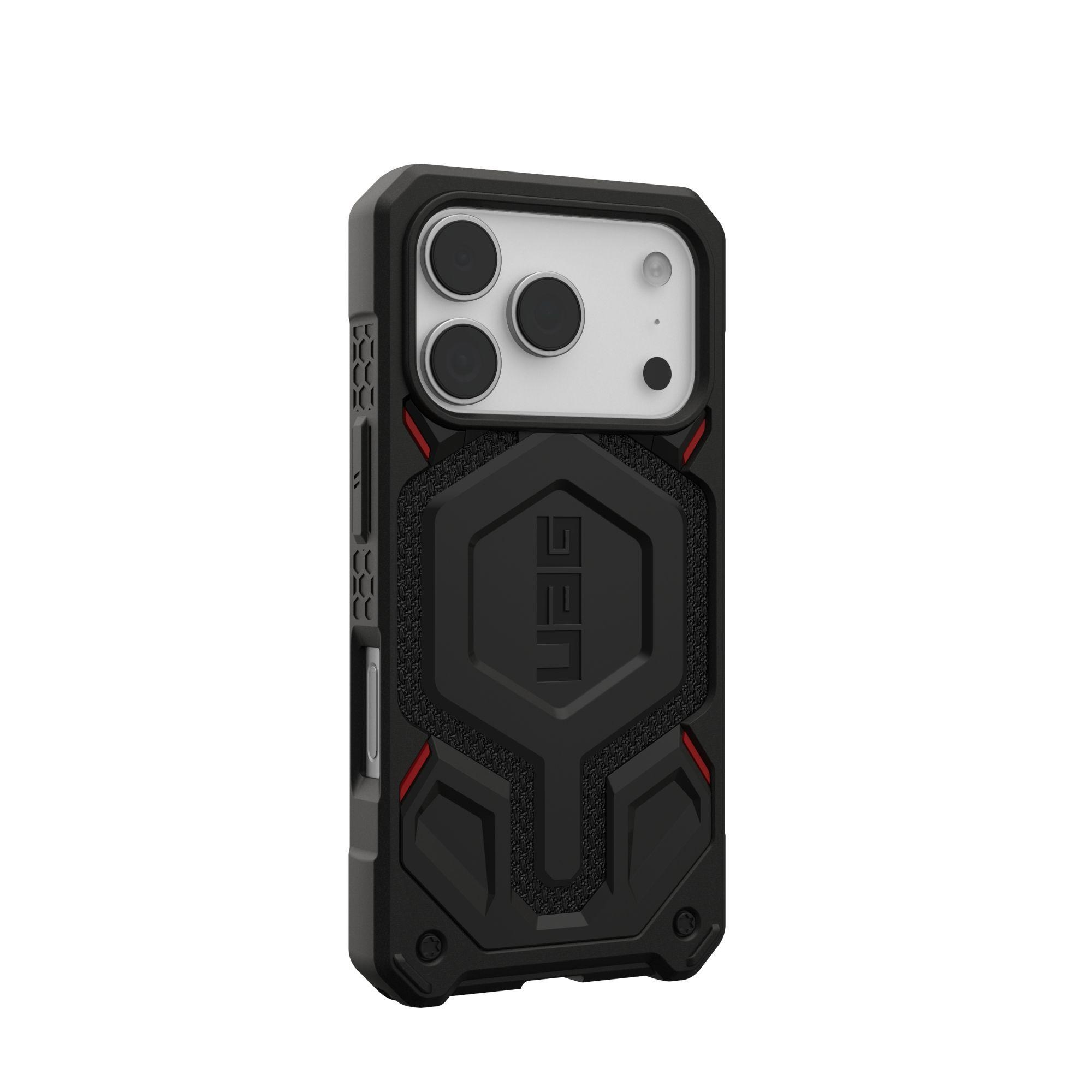 Funda negra para teléfono con detalles rojos, logotipo UAG y recortes para cámara, sobre fondo blanco.