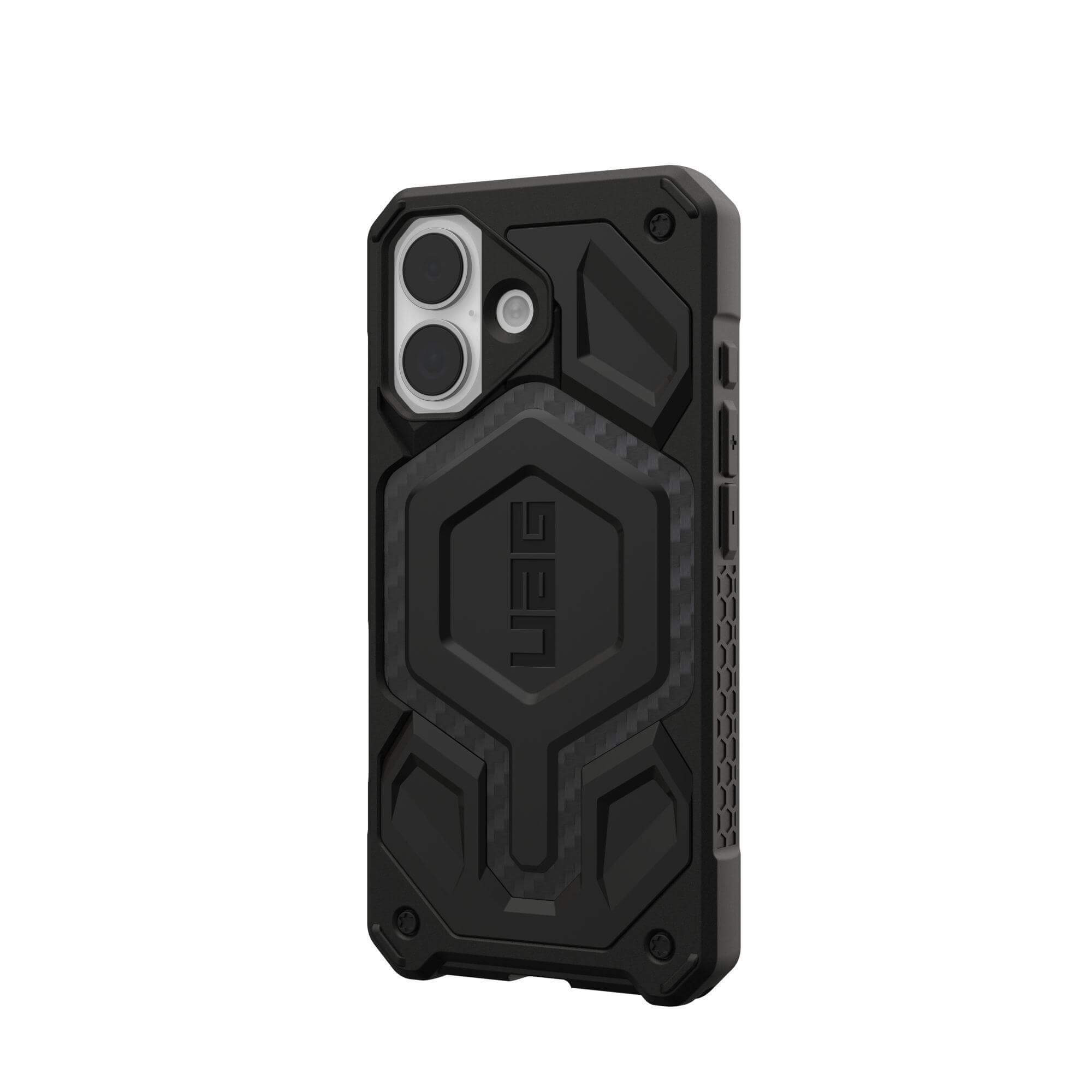 Custodia nera per telefono con fori per fotocamera, logo UAG e design geometrico. Aspetto robusto.