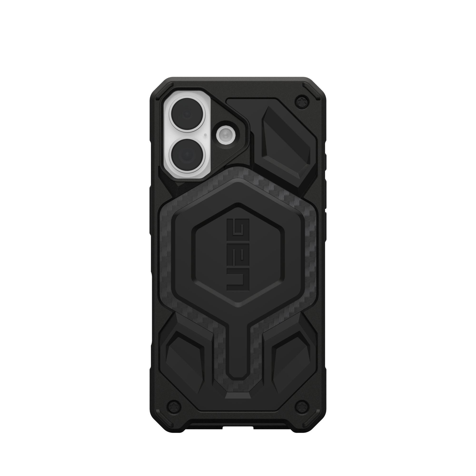 Custodia per telefono nera con ritaglio per fotocamera. Caratterizzata dal logo UAG. Design robusto e sfondo bianco.