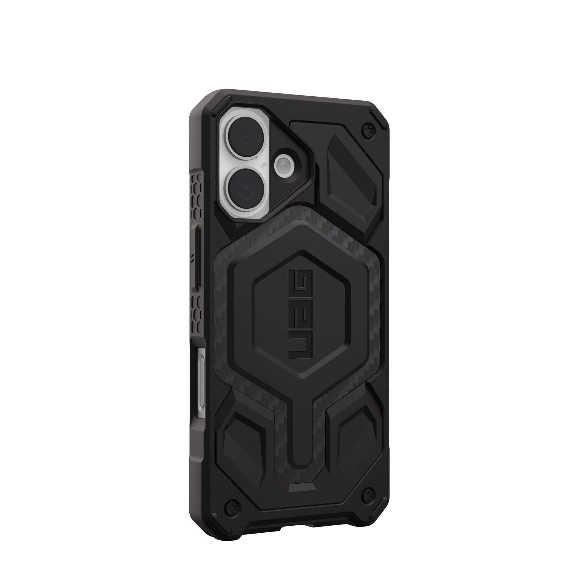 Custodia per telefono nera con fori per fotocamera e logo UAG. Ha un design robusto. Lo sfondo è bianco.