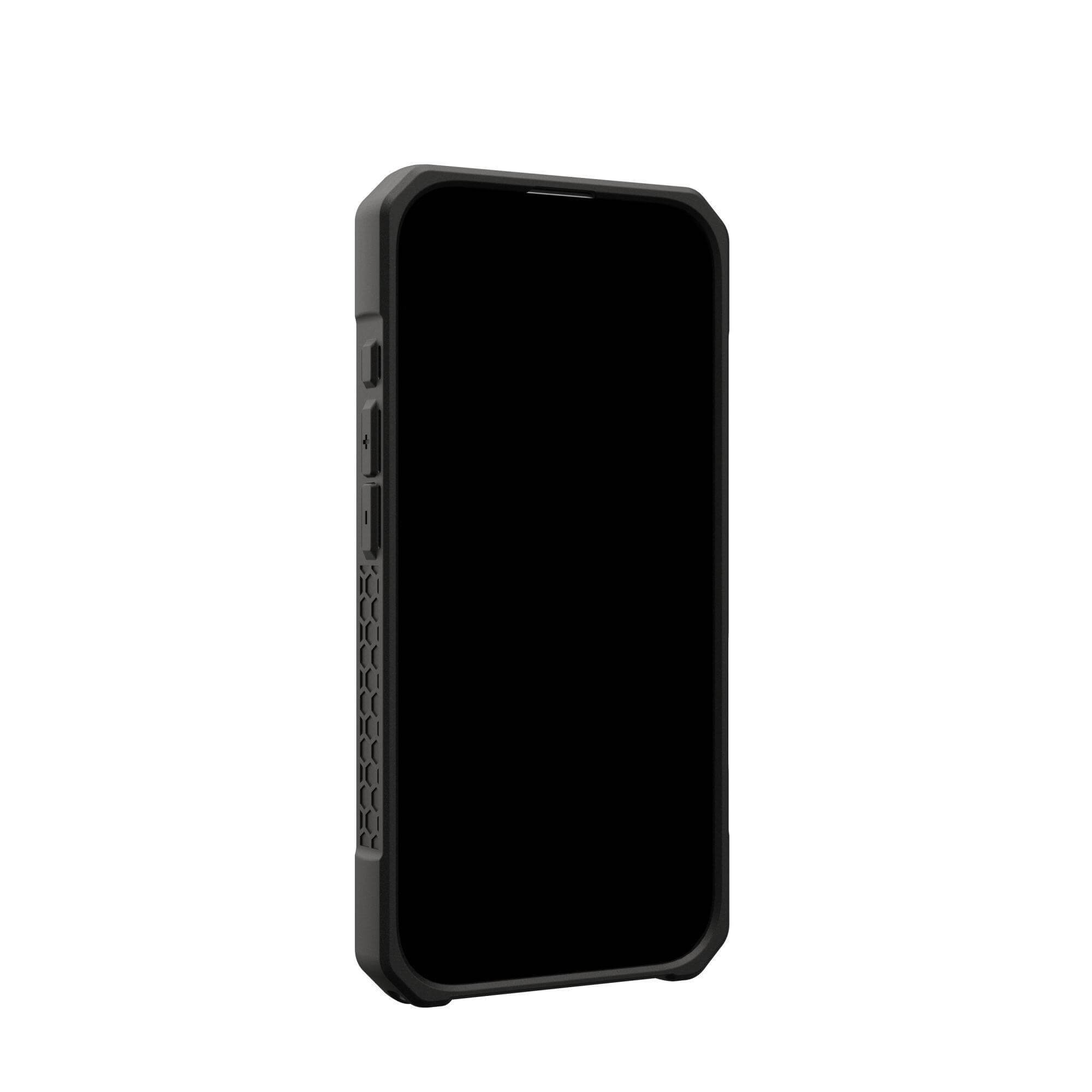 Een zwarte smartphone in een beschermhoes. De telefoon is gecentreerd met een leeg zwart scherm.