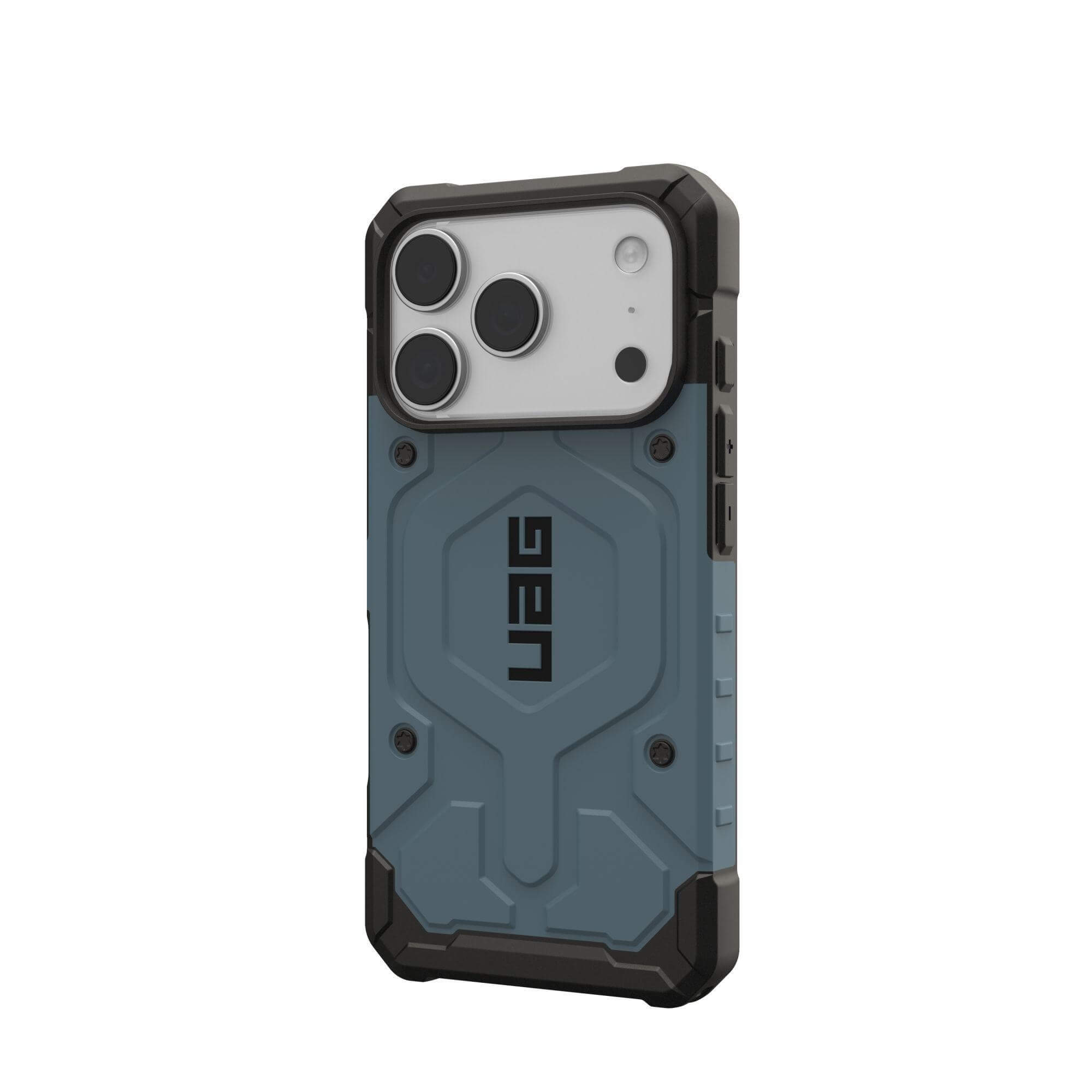 Eine Handyhülle mit blauem Rücken und schwarzen Rändern. Auf der Rückseite befindet sich das UAG-Logo.