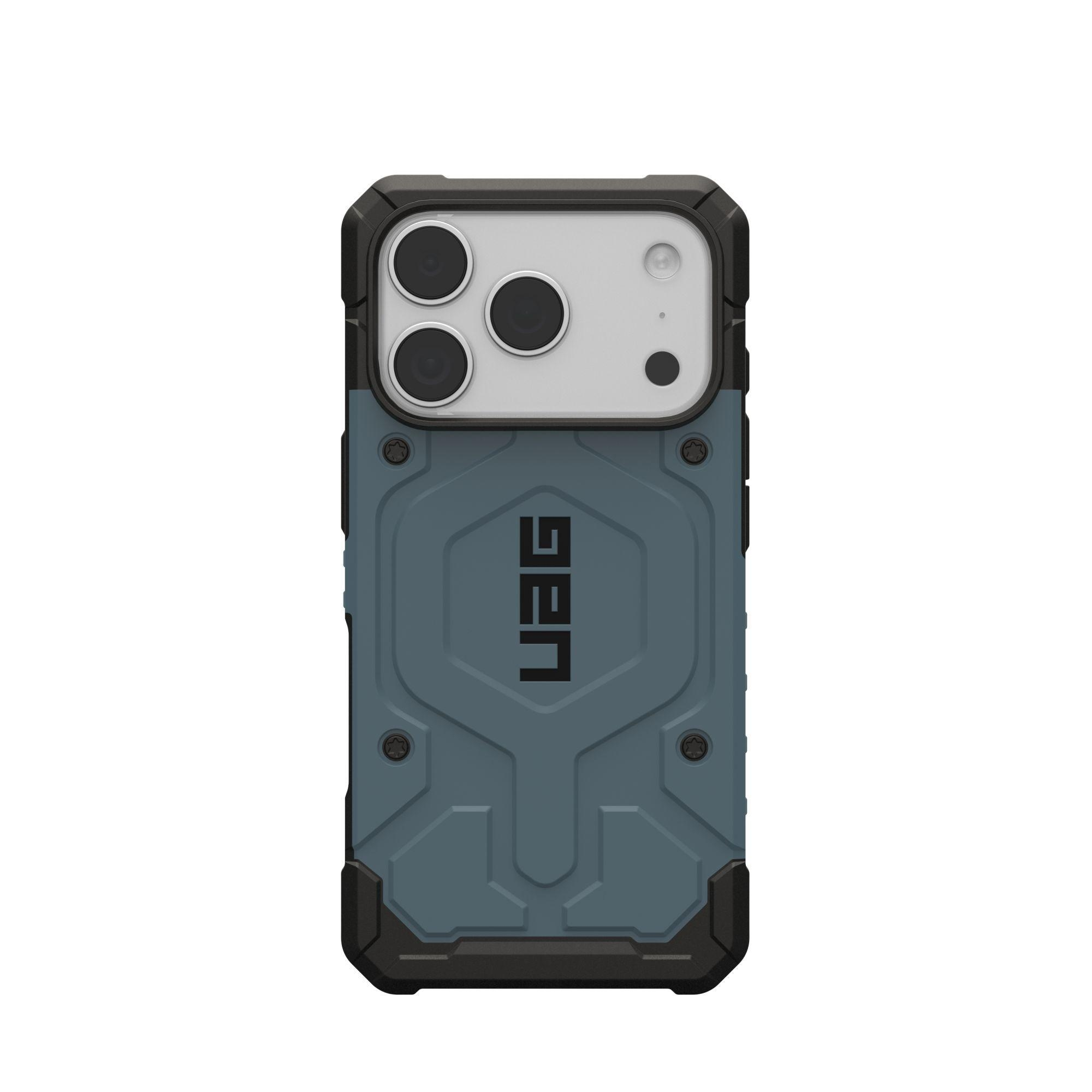 Eine Smartphone-Hülle mit blau-grauer Rückseite und schwarzen Kanten. Sie hat einen Kameraausschnitt und das UAG-Logo.