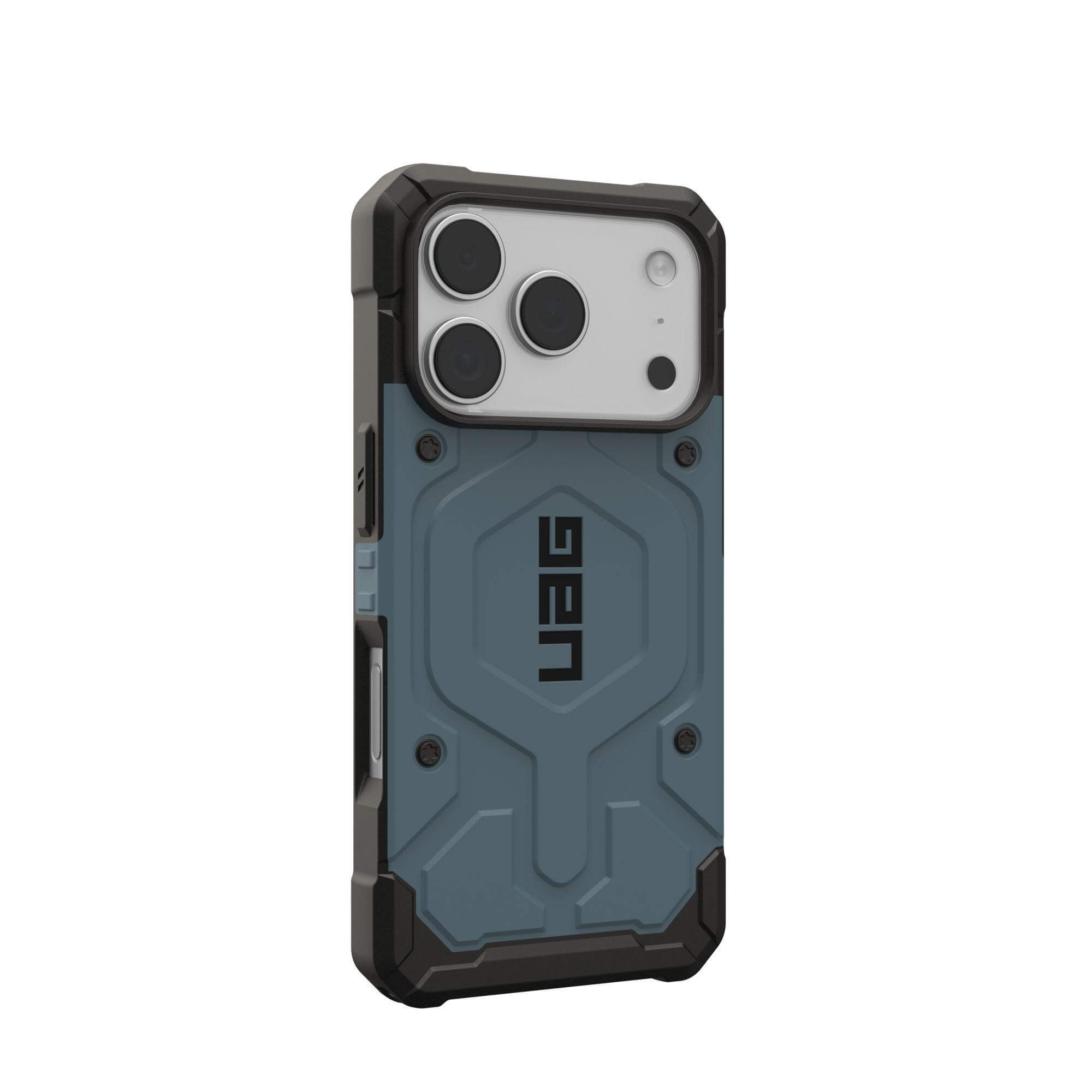 Eine blau-schwarze Handyhülle mit dem UAG-Logo. Die Hülle hat ein robustes Design und Kameraausschnitte.