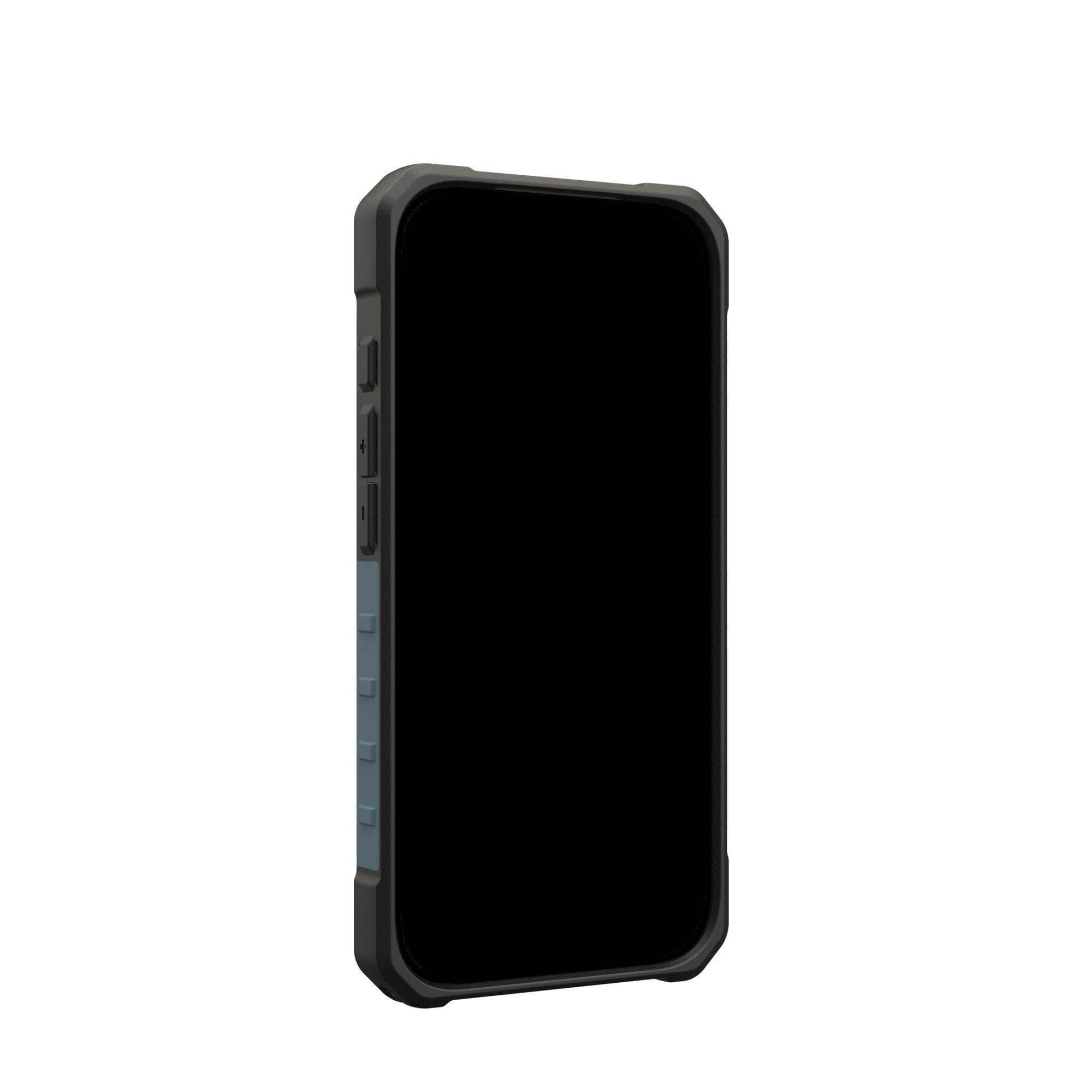 Ein schwarzes Smartphone in einer dunkelgrauen Schutzhülle vor weißem Hintergrund. Der Bildschirm ist schwarz.