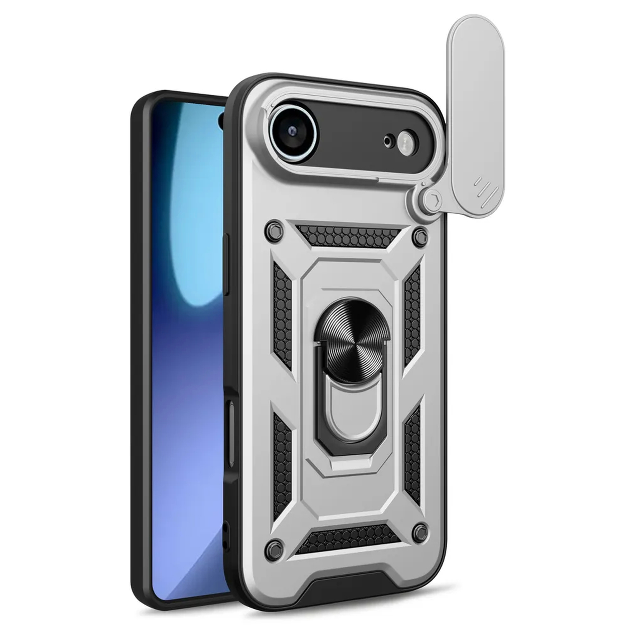 Een zilveren telefoonhoesje met een zwarte telefoon erin. De hoes heeft een ringhouder en een cameralensafdekking.
