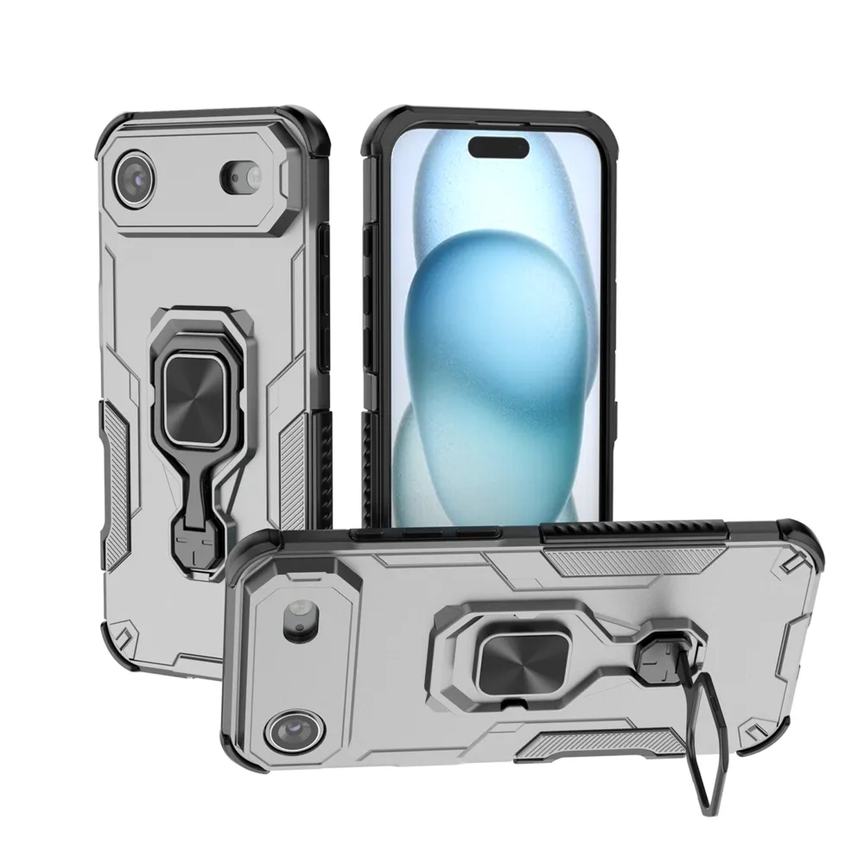 Des coques de téléphone argentées avec des accents noirs et des supports d'anneau sont affichées, dont une avec un téléphone. Fond blanc.
