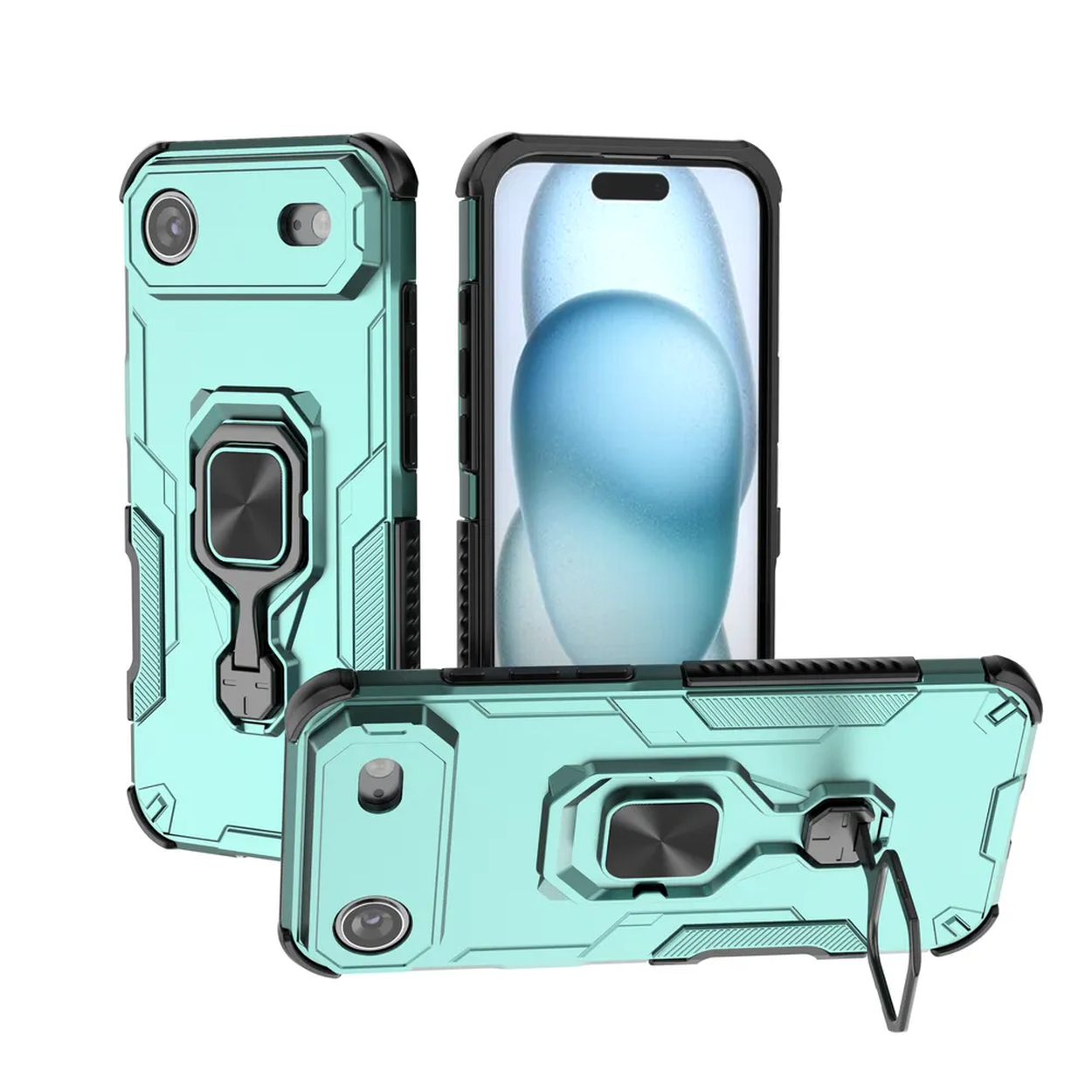 Trois coques de téléphone, en sarcelle et noir, présentent un téléphone. Chacune a un porte-anneau. Un étui est ouvert, affichant l'écran du téléphone.