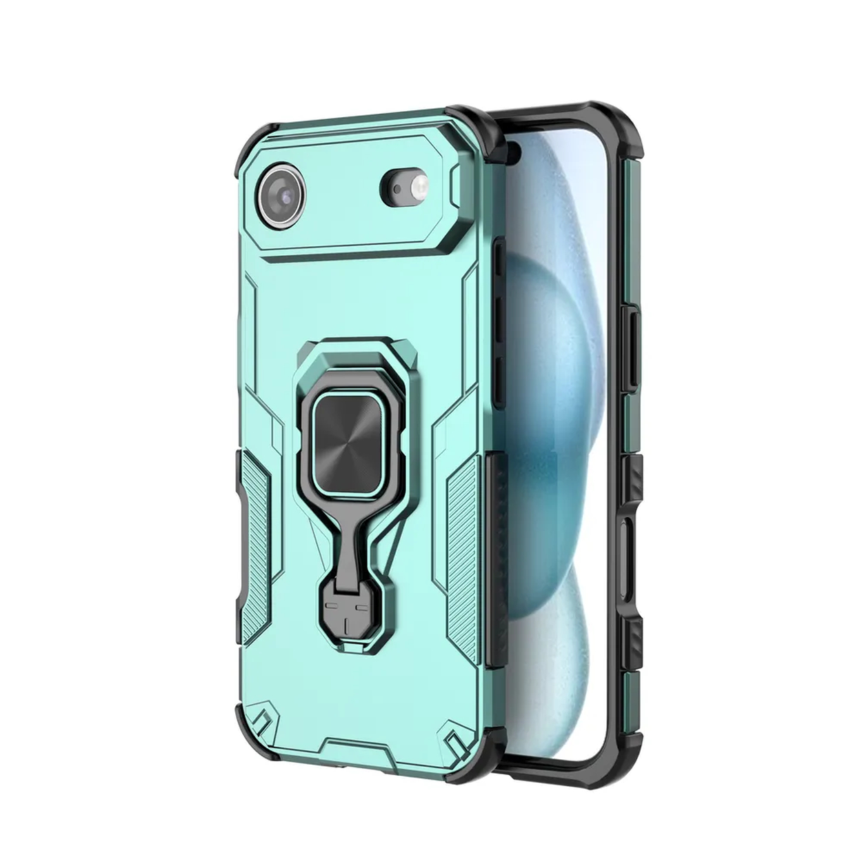 Une coque de téléphone vert d'eau avec un cadre noir. Elle possède un support d'anneau et recouvre l'arrière d'un téléphone, partiellement visible.