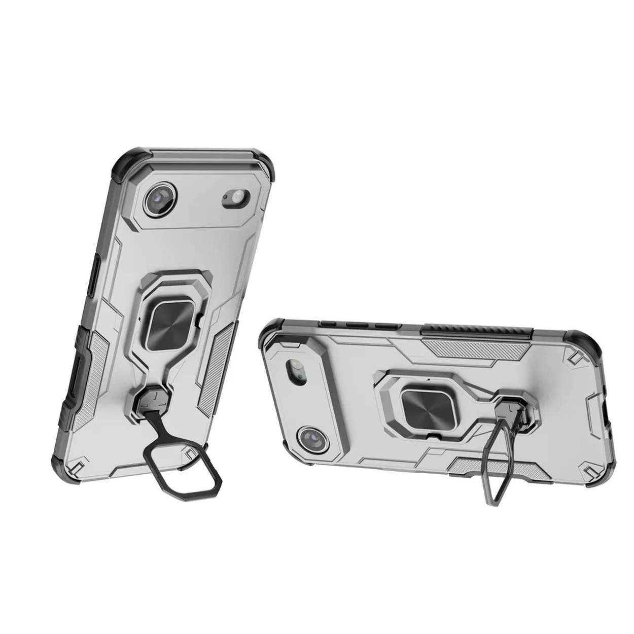 Deux étuis de téléphone argentés et noirs avec supports à anneau. Un debout, un plat. Les deux sur fond blanc, bien éclairés.