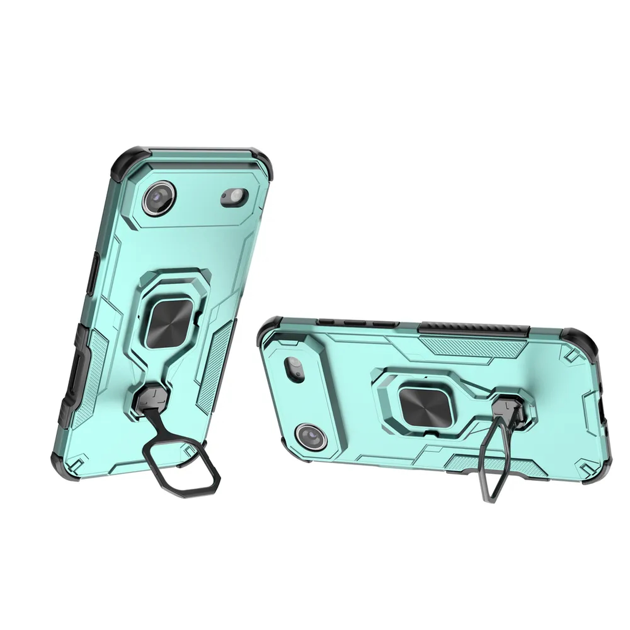 Deux coques de téléphone turquoise avec des accents noirs. L'une est debout, l'autre est couchée. Les deux ont un support de bague.
