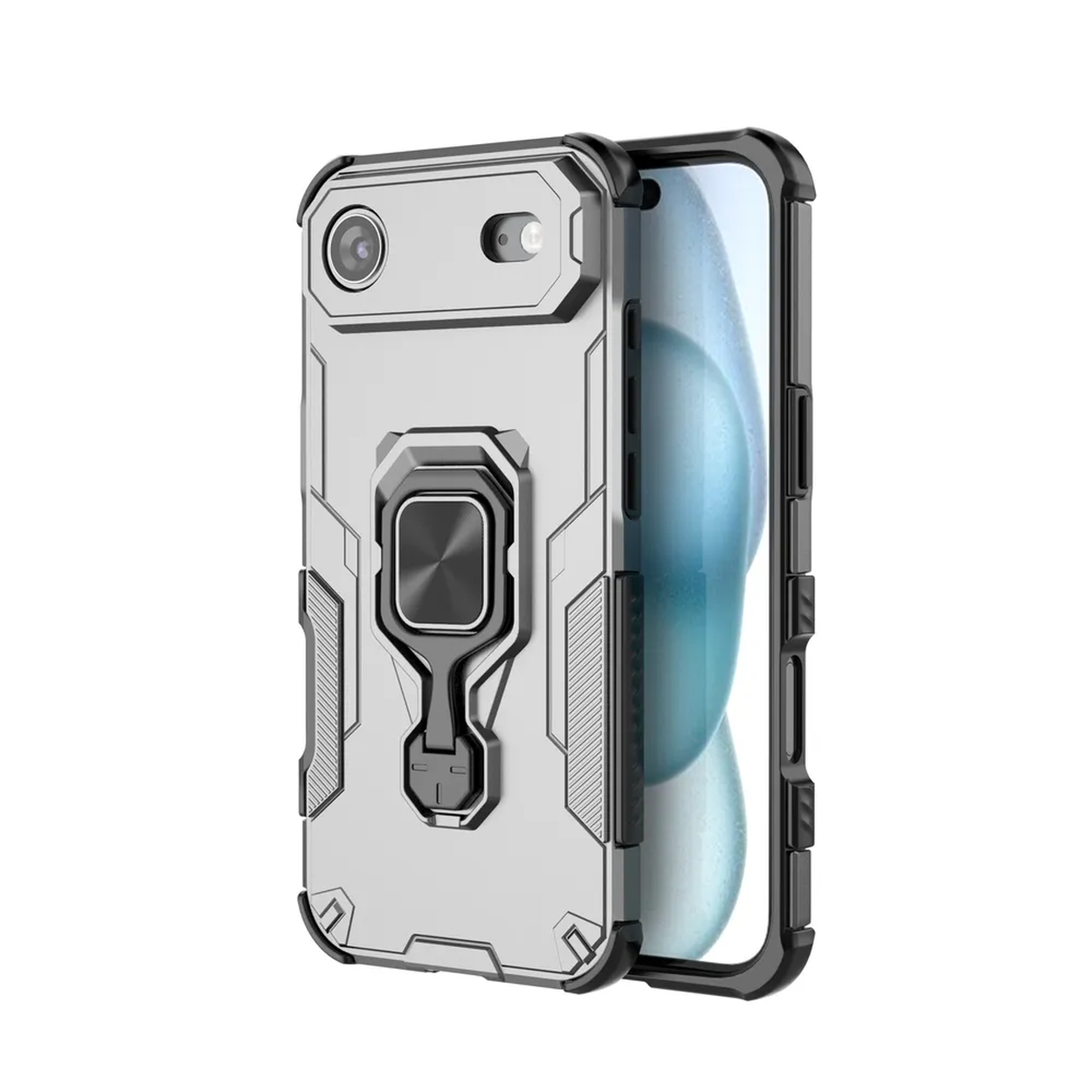 Une coque de téléphone argentée avec un support d'anneau noir. La coque est sur un téléphone avec une image floue.