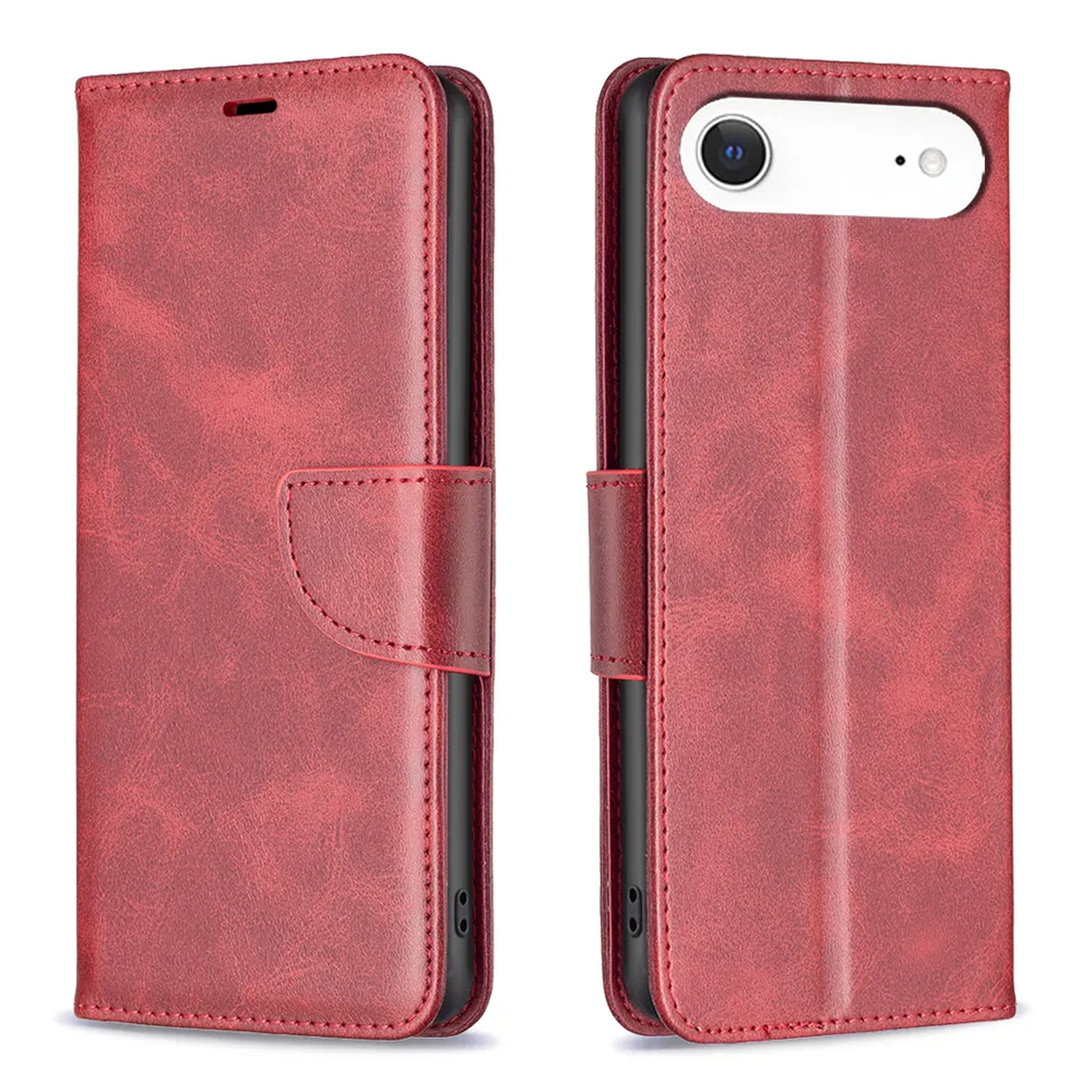 Twee rode leren telefoonhoesjes. Eén gesloten, de voorkant tonend, en de andere open, de camera en het scherm tonend.