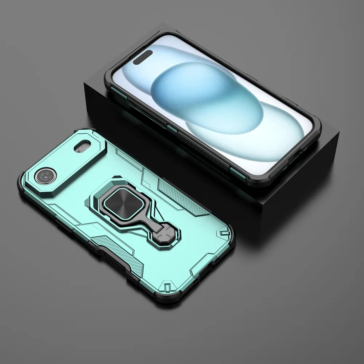 Deux coques de téléphone, une sur un support noir. Une turquoise avec un support d'anneau, l'autre noire avec un écran de téléphone.
