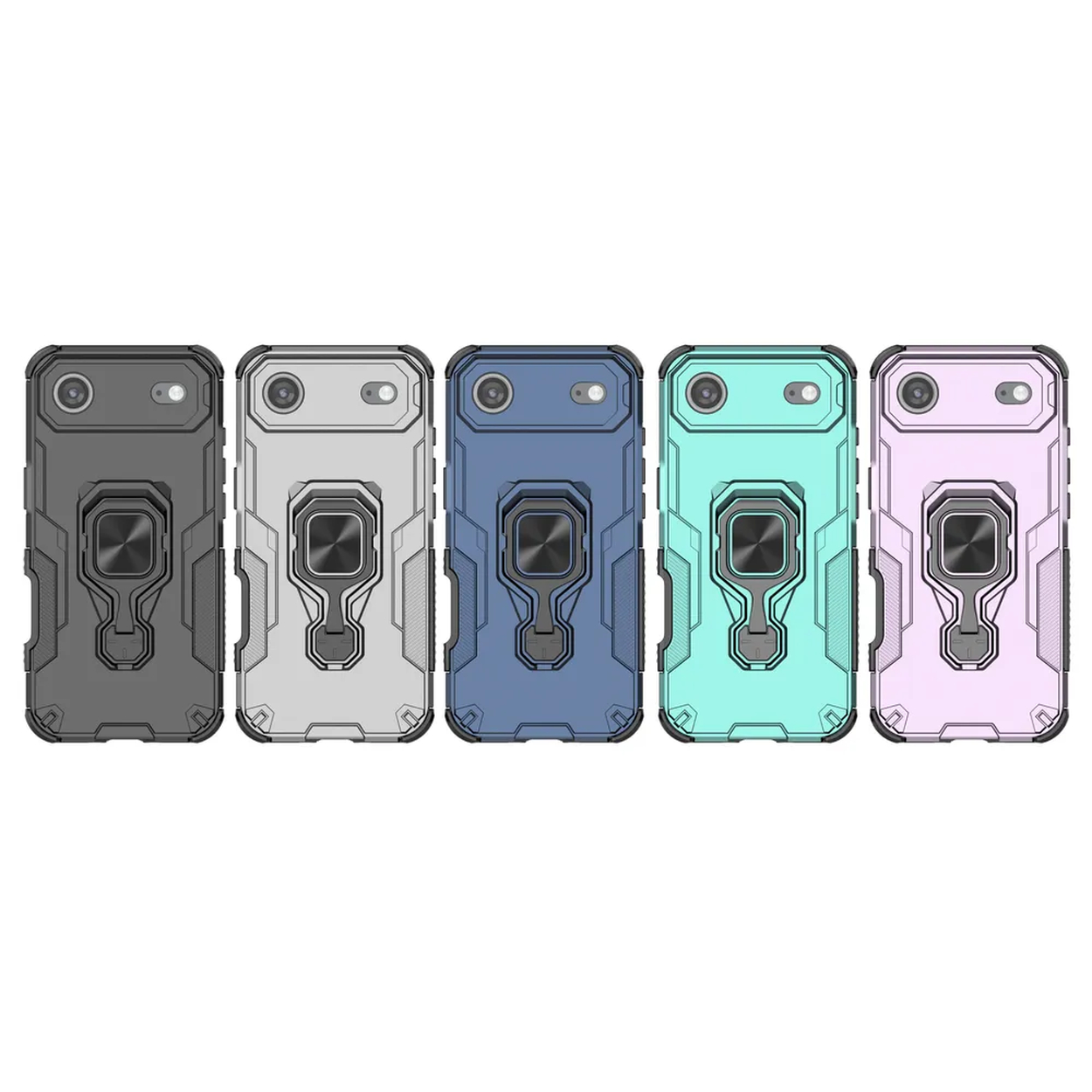 Cinq étuis de téléphone colorés, en gris, blanc, bleu, sarcelle et rose. Chacun a un support de bague.