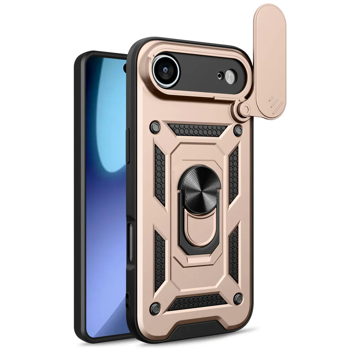 Gouden telefoonhoesje met telefoon. Hoesje heeft camera, ring en kickstand. Telefoonscherm is blauw.