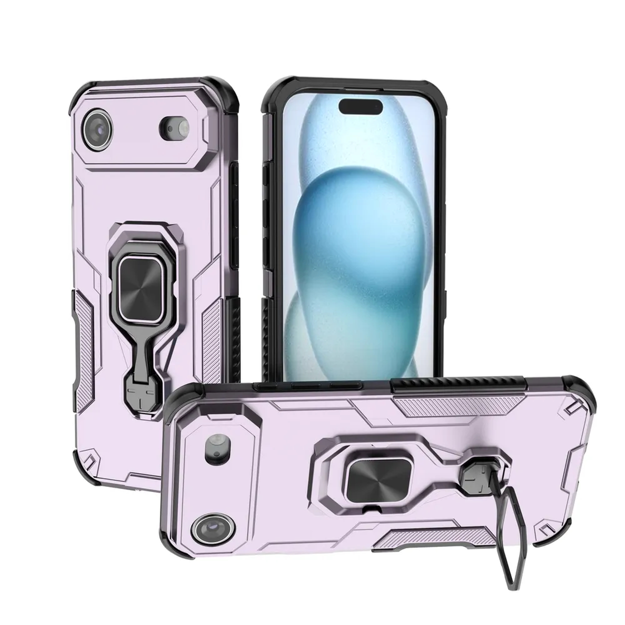 Trois coques de téléphone violet clair avec des accents noirs. Une coque a un écran bleu. Toutes ont des anneaux.