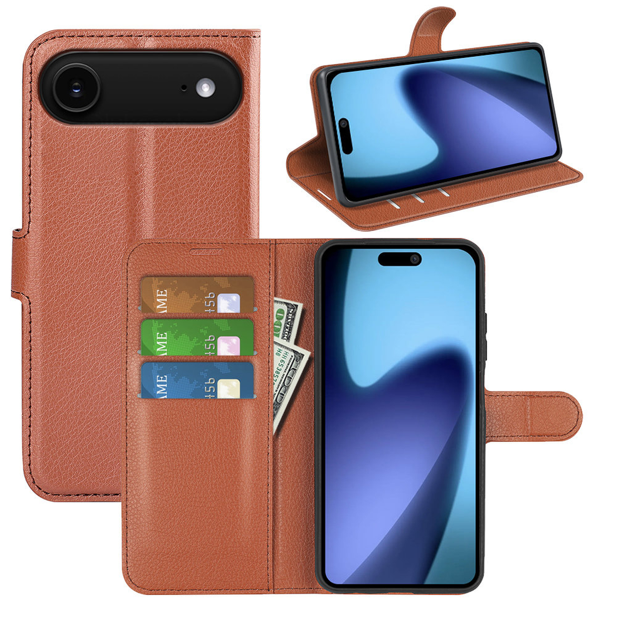 Un étui de téléphone en cuir marron avec un téléphone, des cartes et de l'argent à l'intérieur. Le téléphone est affiché dans différentes positions.