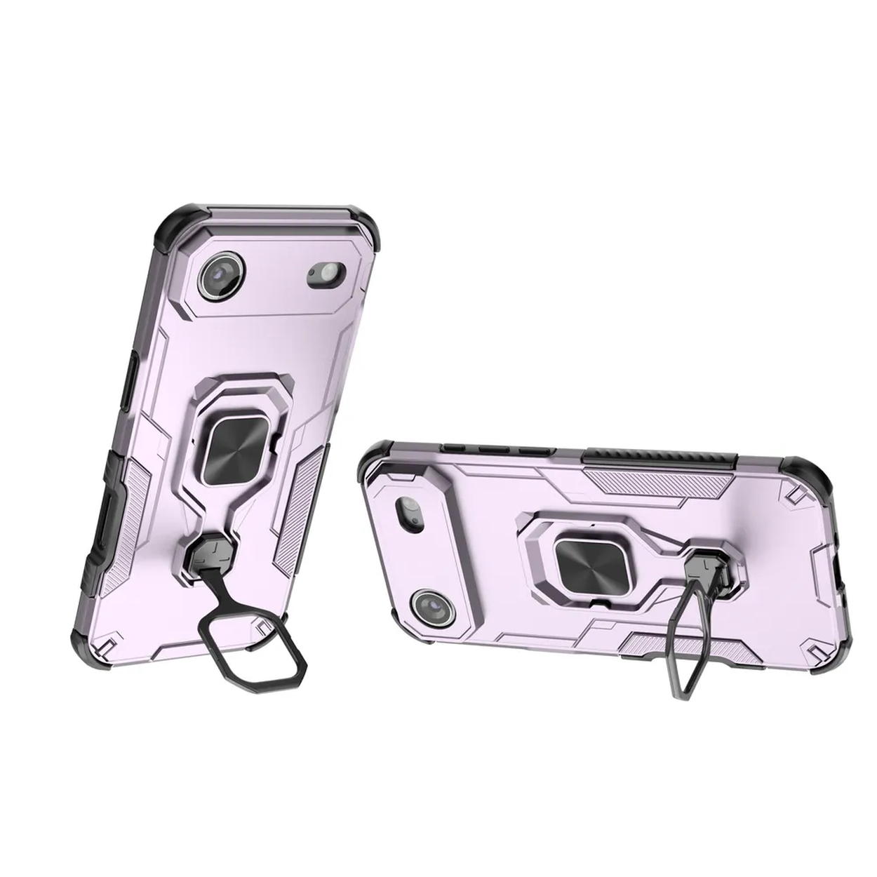 Deux coques de téléphone lavande. L'une est droite, l'autre est couchée. Chacune a un anneau noir et une découpe pour l'appareil photo.