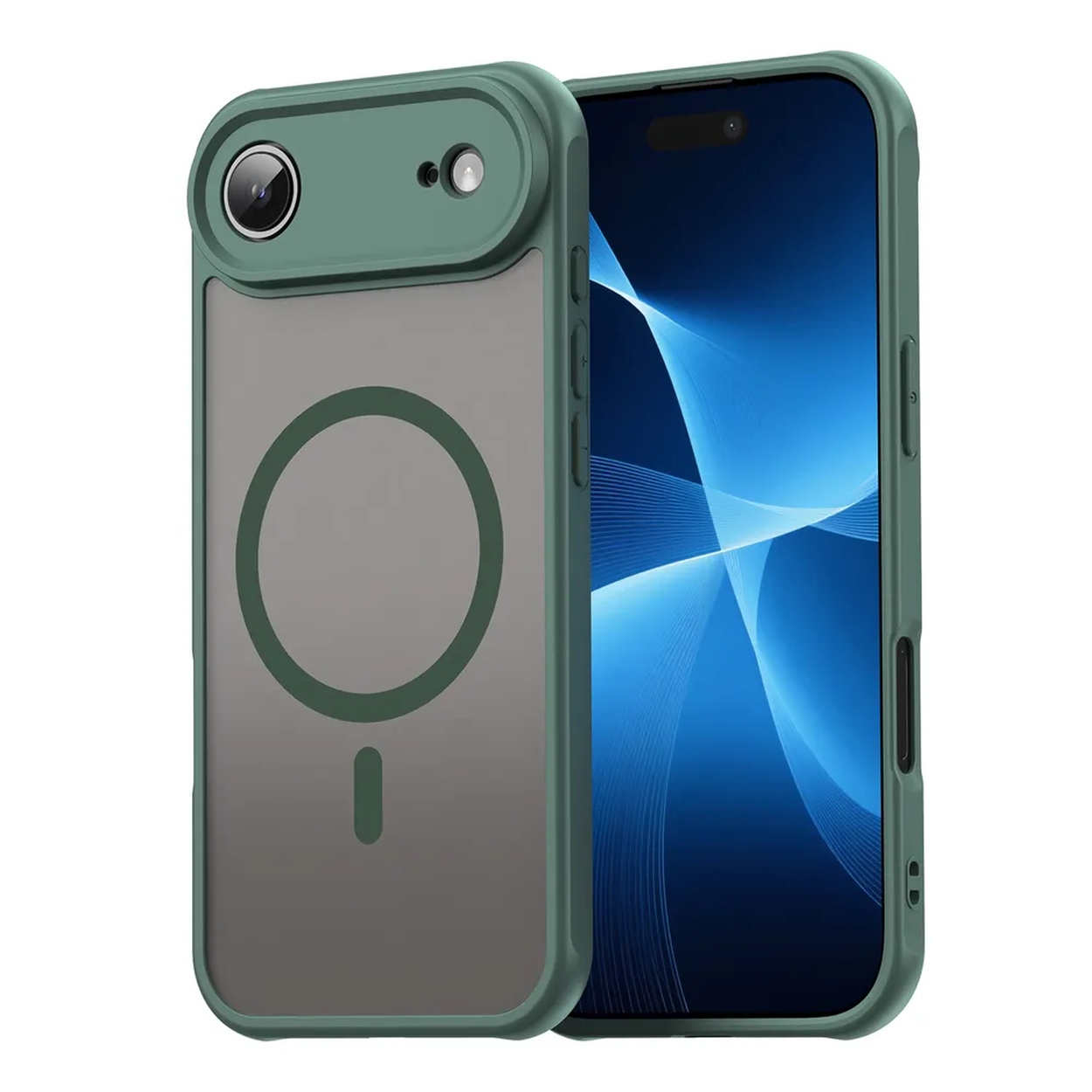 Een groene telefoonhoes met een transparante achterkant en een telefoon met een blauw scherm. De hoes heeft een uitsparing voor de camera.