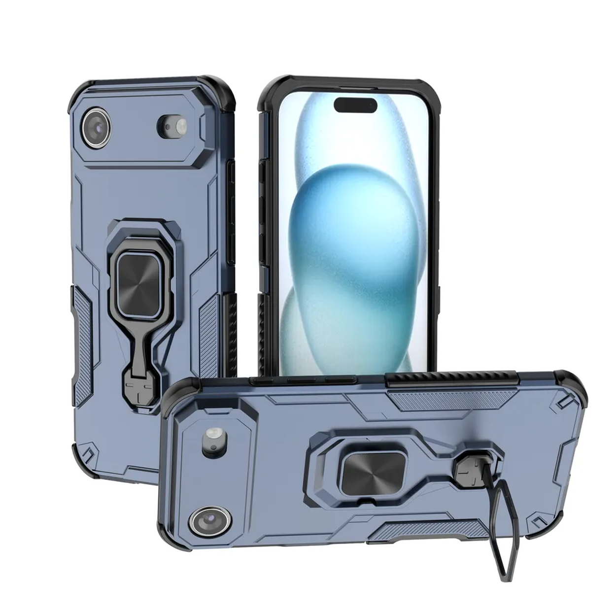 Trois étuis de téléphone bleus avec des accents noirs sont affichés. Un étui a un téléphone inséré. Chaque étui est doté d'un support de bague.