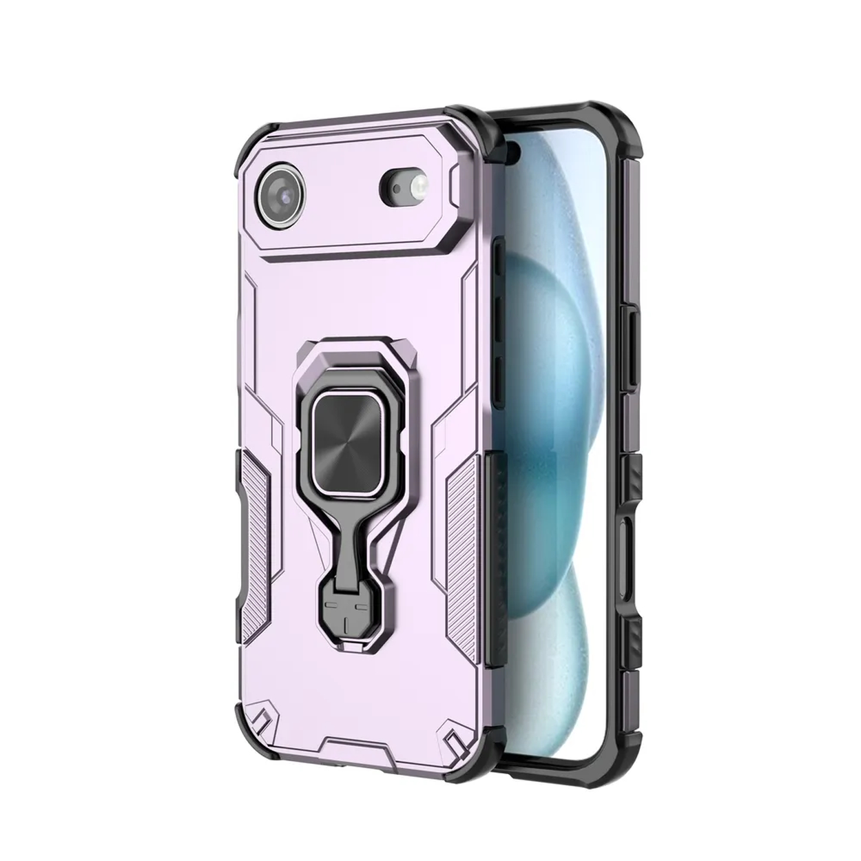 Une coque de téléphone rose avec un support de bague. La coque est à côté d'un téléphone, montrant l'écran.