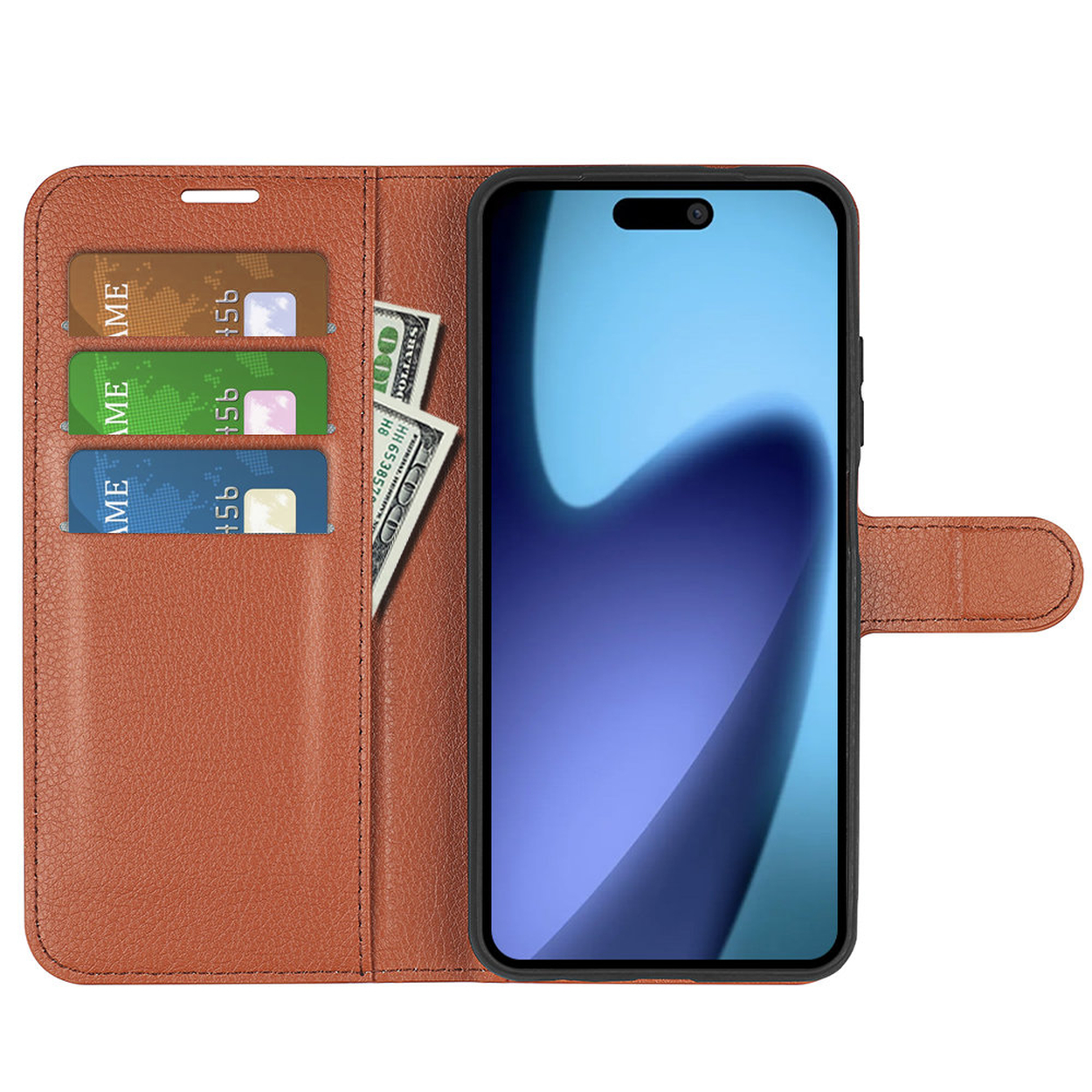 Étui de téléphone en cuir marron avec téléphone à l'intérieur. Trois cartes de crédit et des billets sont visibles dans le portefeuille.