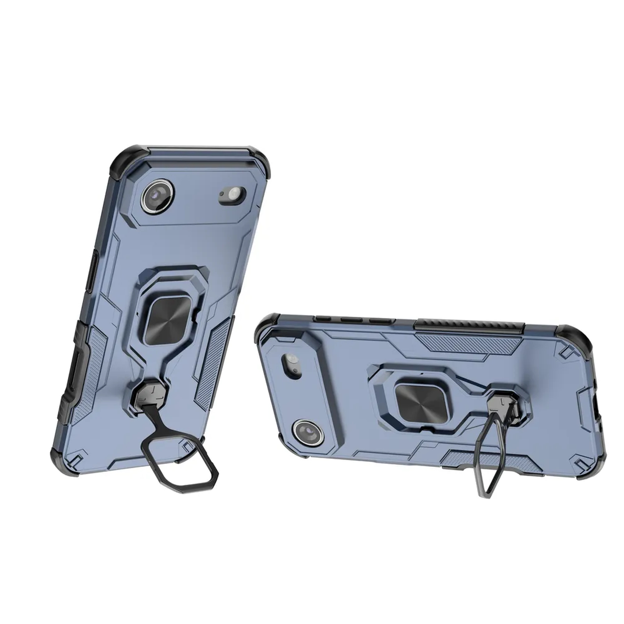 Deux coques de téléphone bleues avec des accents noirs et des supports d'anneau. Une est debout, l'autre est à plat. Les deux sur fond blanc.