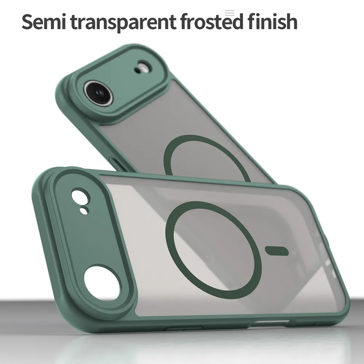 Twee transparante telefoonhoesjes, groene randen, één schuin over de ander. Elke hoes heeft een cirkel op de achterkant. De achtergrond is wit.