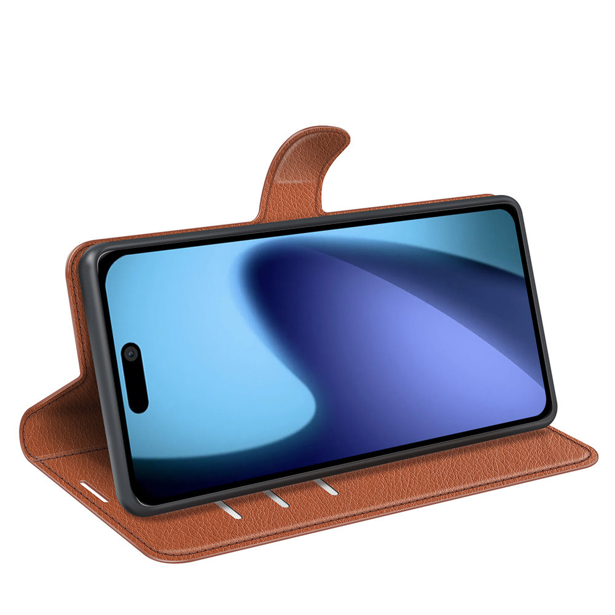 Un étui de téléphone en cuir marron avec un téléphone à l'intérieur. L'écran du téléphone affiche un dégradé bleu et violet. L'étui est ouvert.