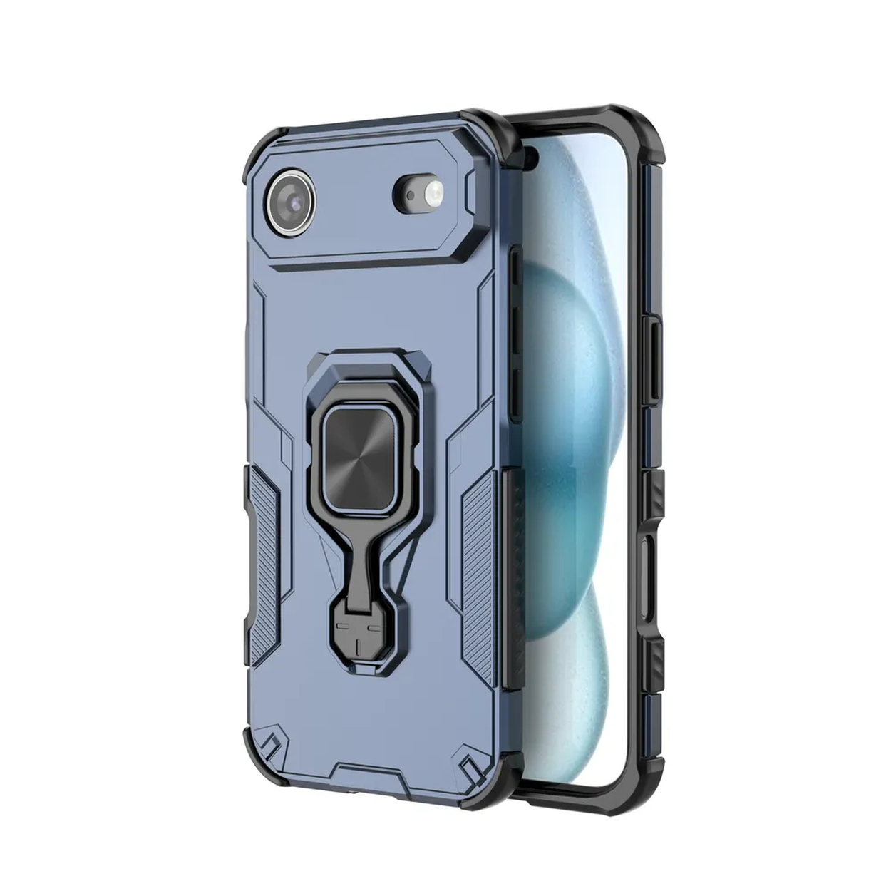 Une coque de téléphone bleu clair avec un cadre noir, un support d'anneau et des découpes pour la caméra. L'écran est visible.